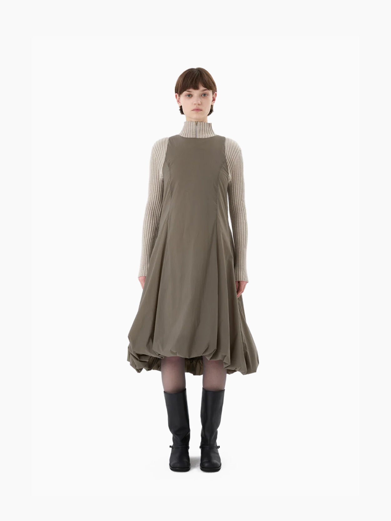 Ribbed High Neck Zip Up Beige