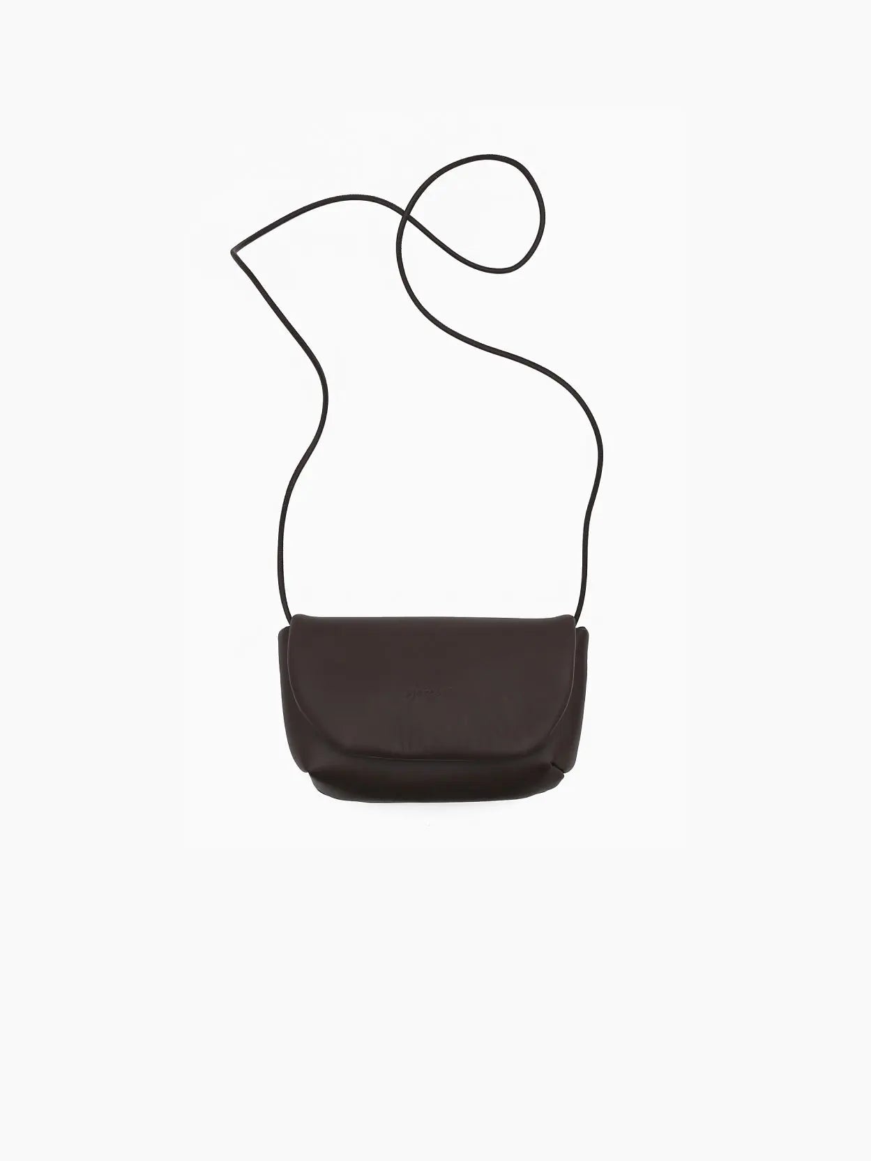 A small, dark brown leather crossbody bag with a curved flap closure. The Anonima Clutch Dark Brown by Marsèll, available at Bassalstore in Barcelona, has a smooth texture and a minimalist design against a plain white background.