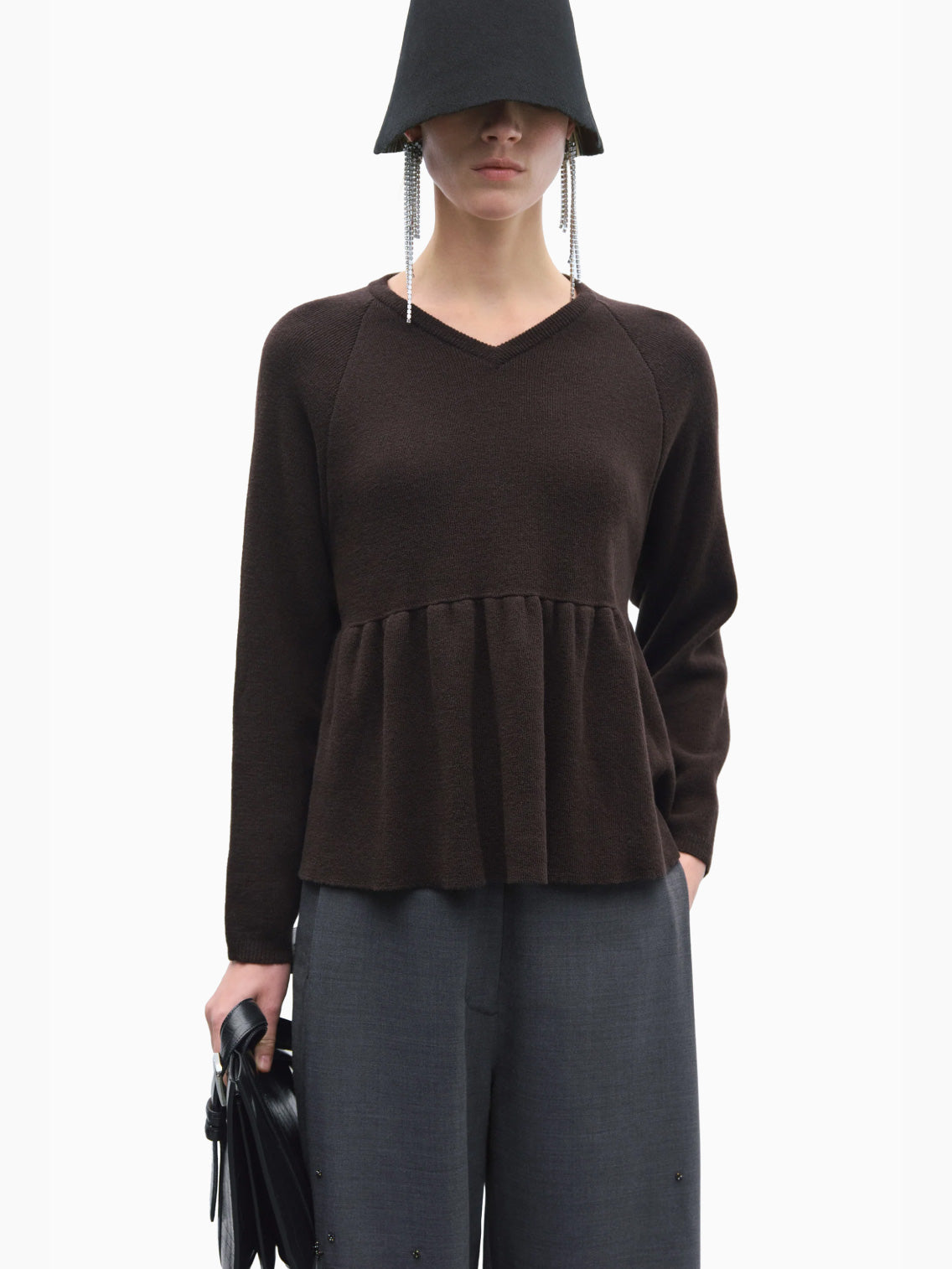 Merino & Cashmere Peplum Top Brown