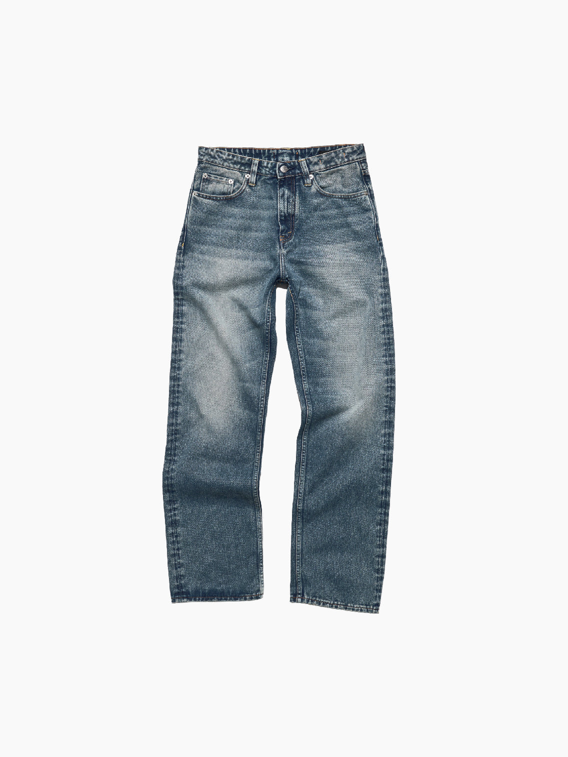 A pair of Easy Jeans Mid Blue Dirty by Hope showcasing a classic straight-leg design. These mid blue jeans feature a vintage wash and slightly distressed look with a natural wear pattern. They come with a button fly, multiple pockets, and belt loops, laying flat against a plain white background.