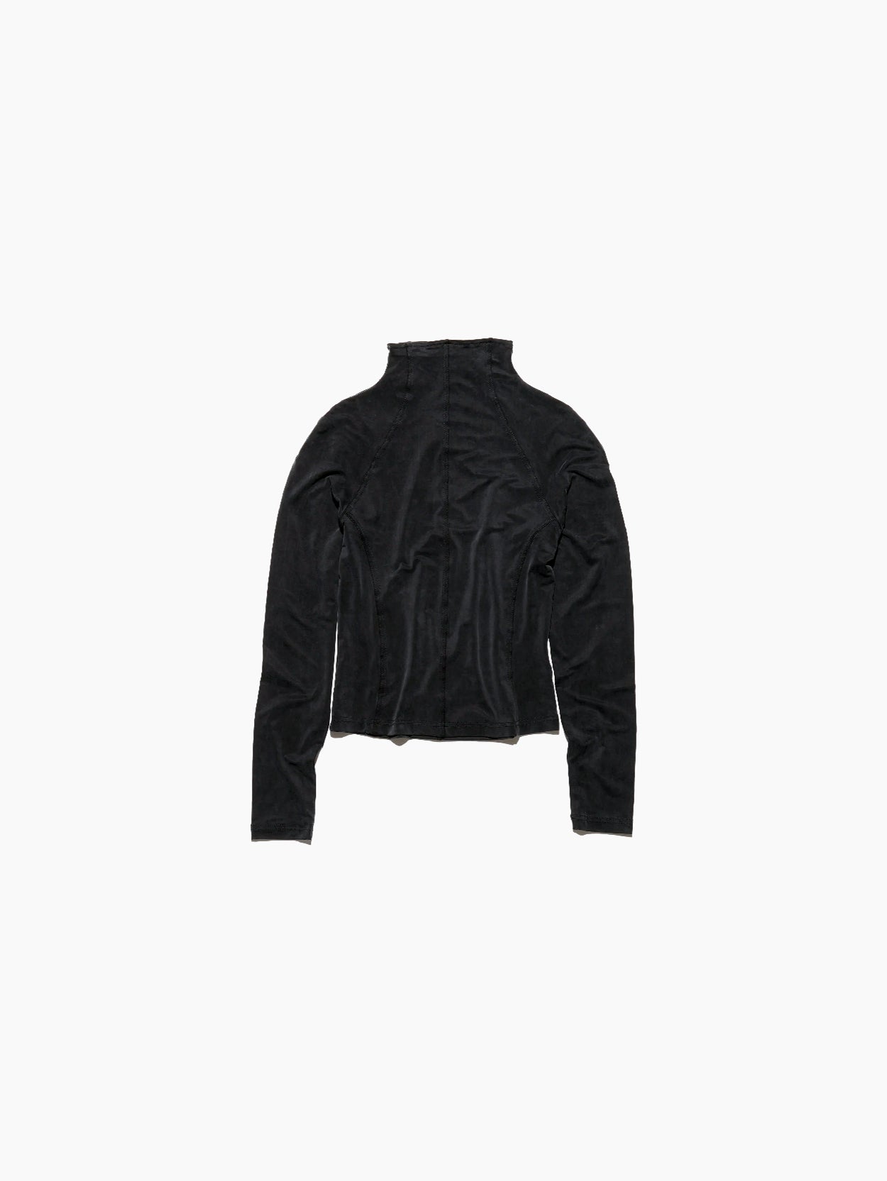Hope's Trim LS Black Washed Cupro top, featuring a long-sleeve, high-neck design with a slightly wrinkled texture and a washed silky look, laid flat on a white background.