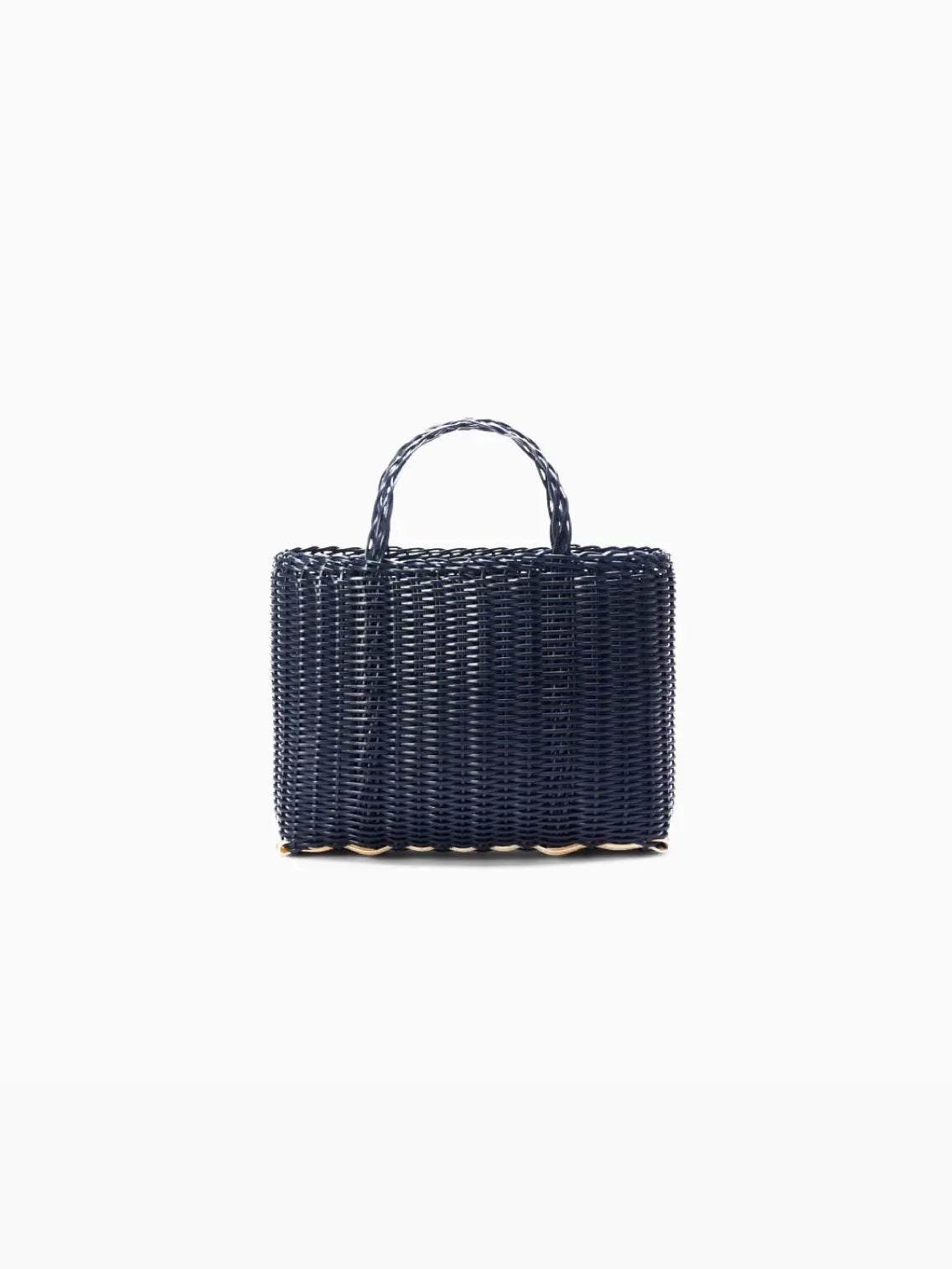 A woven navy blue handbag with a rectangular shape, available exclusively at Bassalstore in Barcelona. It features a single, short woven handle on top. The bag has a neat, uniform weave pattern and a solid structure, resting on a white background. Introducing the **Palorosa Mini Tote Midnight Bag**.