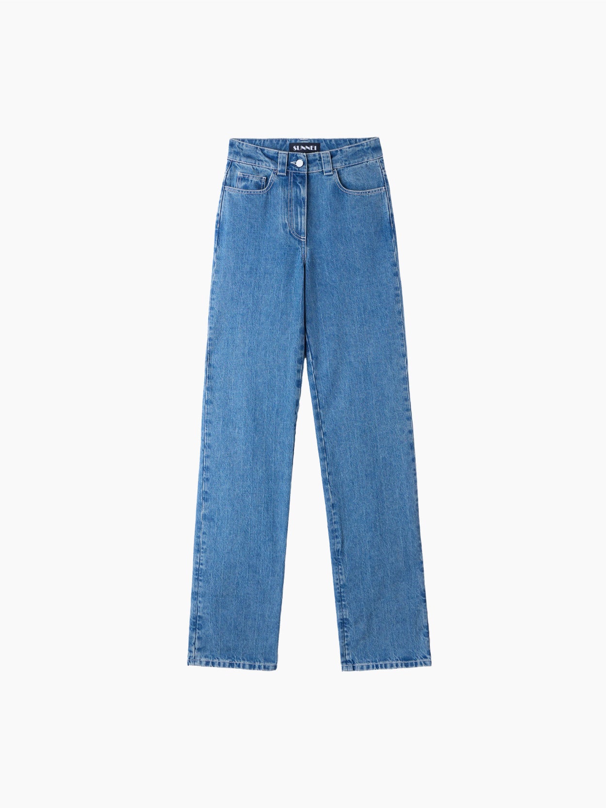 A pair of Sunnei Classic Denim Pants Washed Blue, featuring a high-waisted, straight-leg design made from organic cotton with a classic five-pocket arrangement and secured with a zip fly and button closure, laid flat on a white background.