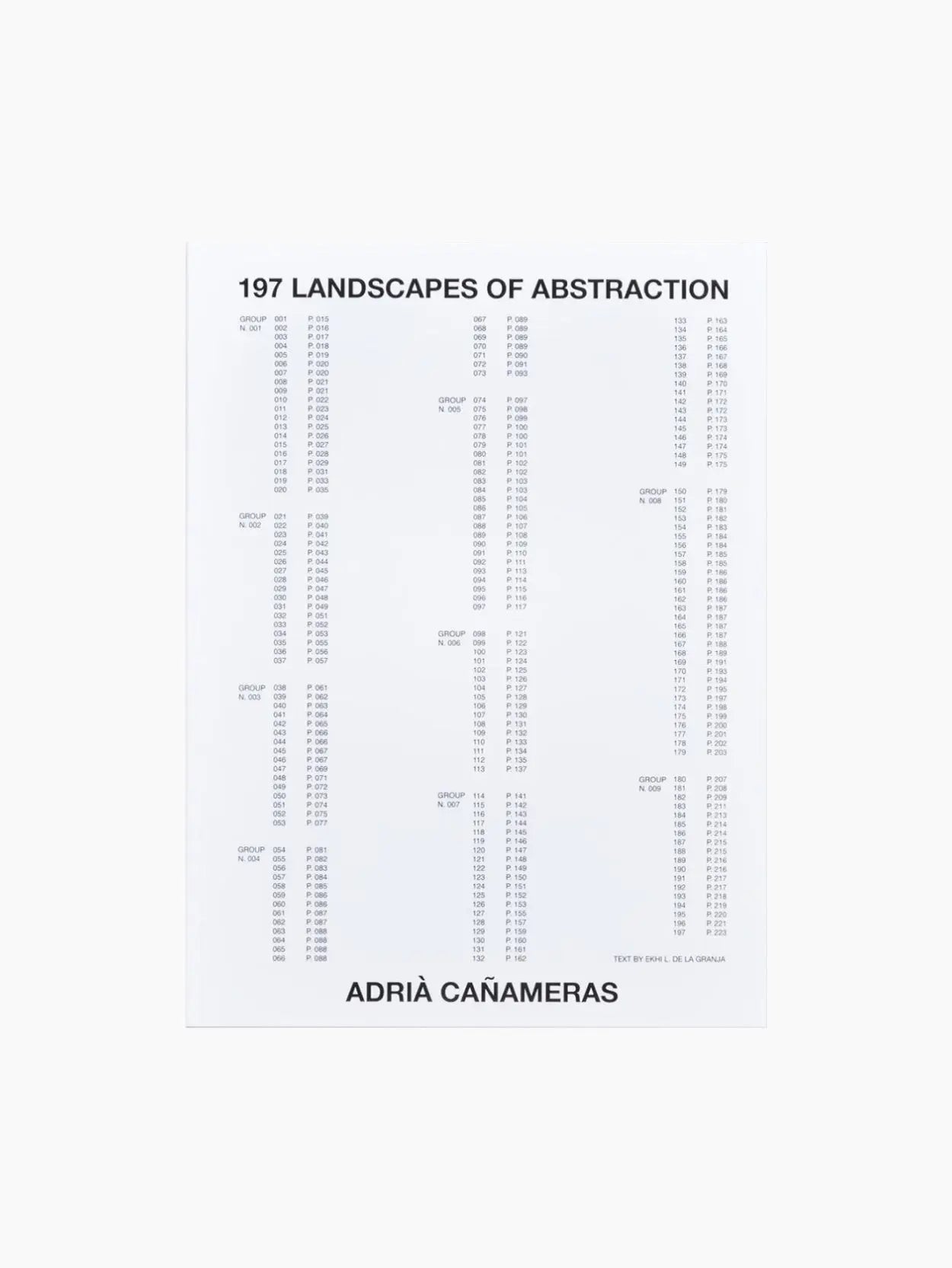 A white Progresso book cover titled "197 Landscapes of Abstraction" by Adrià Cañameras. The design features multiple columns of evenly spaced, small black text lists arranged vertically across the cover. Available at Bassal Store in Barcelona, this book is a visual treat for art lovers.