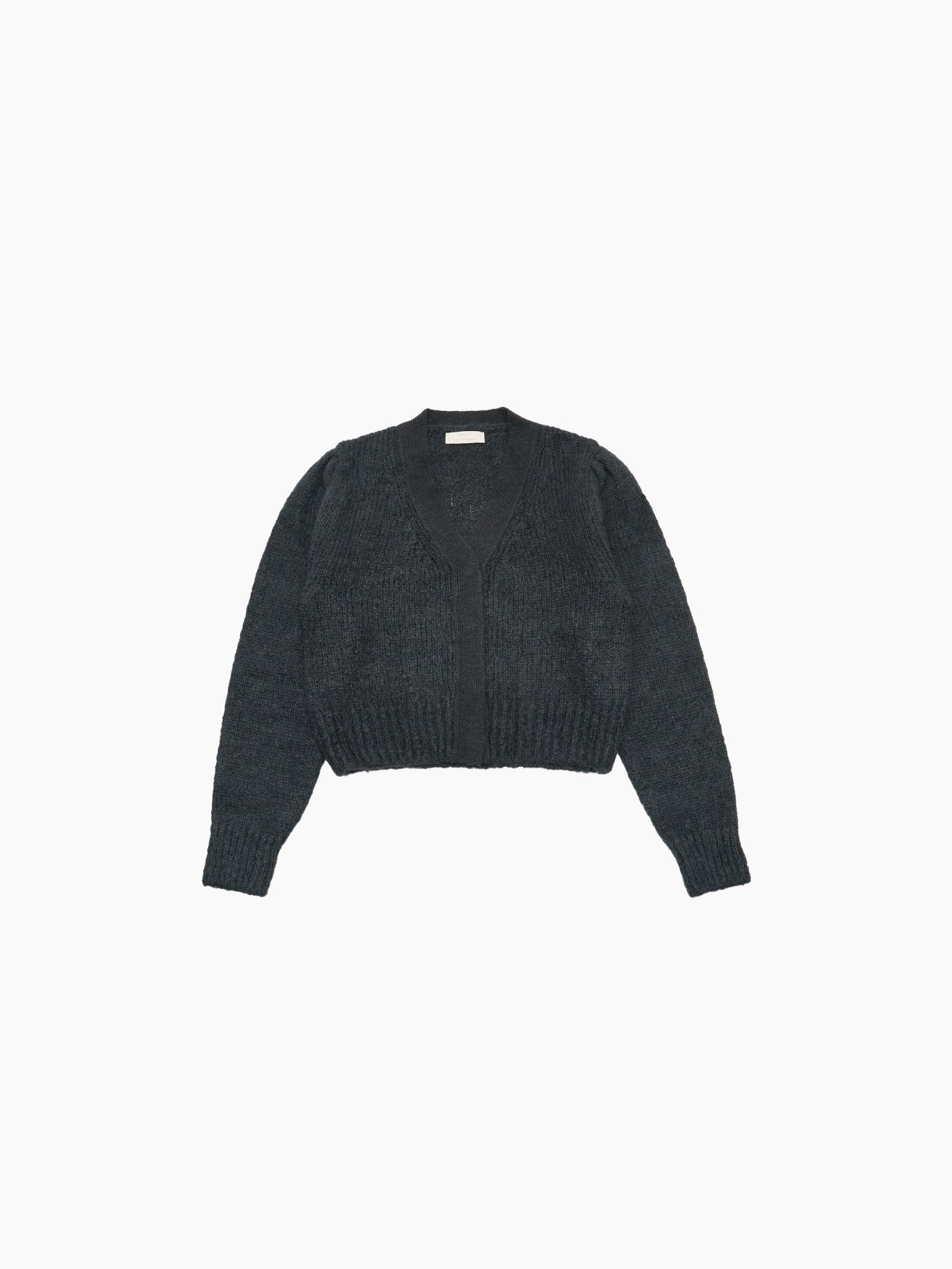 Introducing the Grandma Cardigan in Dark Green by Amomento, a vintage-inspired piece crafted from mohair yarn. This design features a buttonless front with full-length sleeves, ribbed cuffs, and a ribbed waistband, all beautifully displayed against a white background.