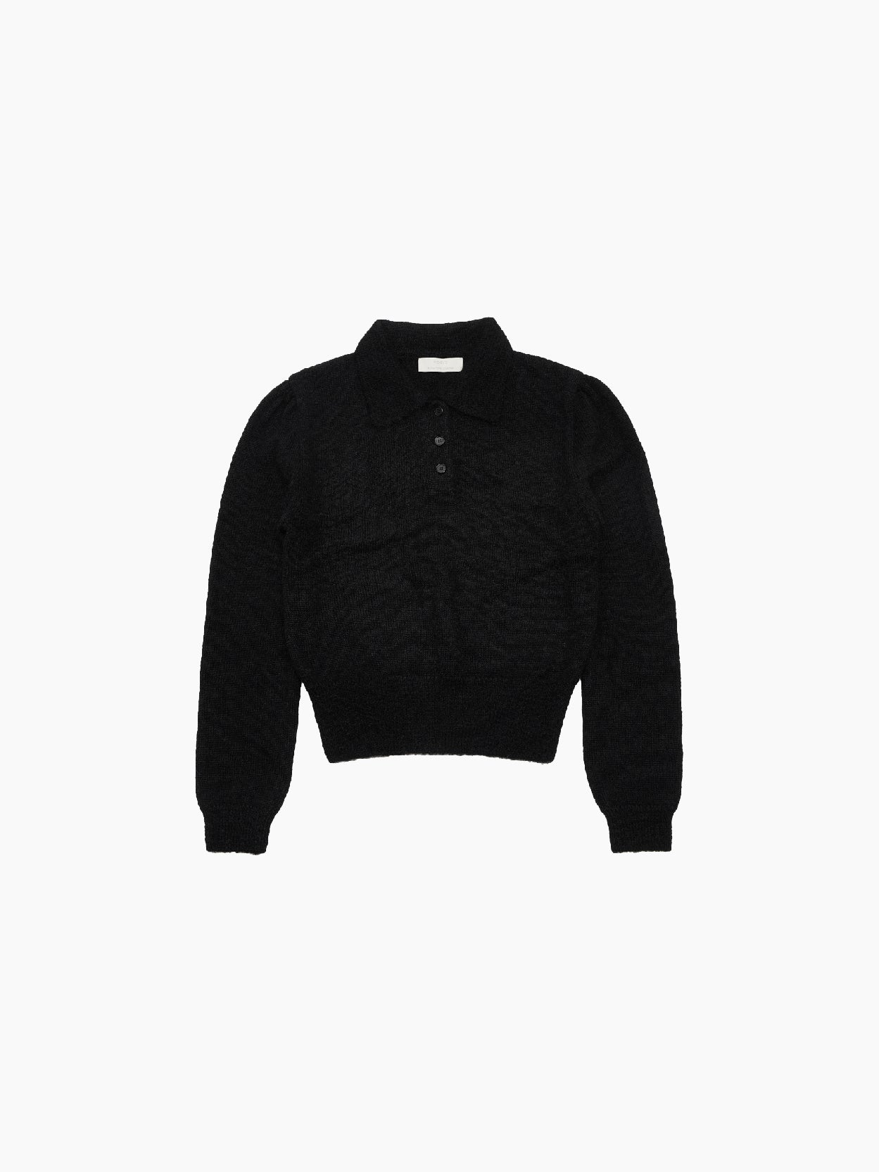 The Amomento Mohair Collar Knit Black cardigan features a long-sleeve design with three buttons near the top. This black sweater boasts a slightly fuzzy, brushed finish and ribbed cuffs, all set against a white background.