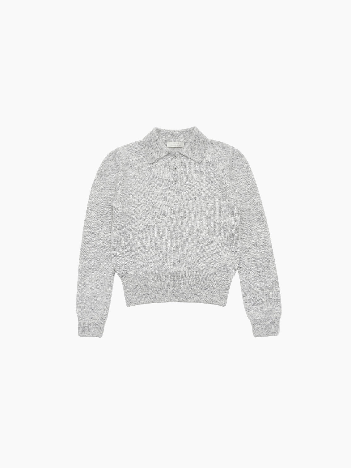 The Amomento Mohair Collar Knit Grey sweater, featuring long sleeves and a quarter zip at the front, is laid out flat on a plain white background. This woolen sweater includes a mohair collar and has ribbed cuffs and hem for added texture.