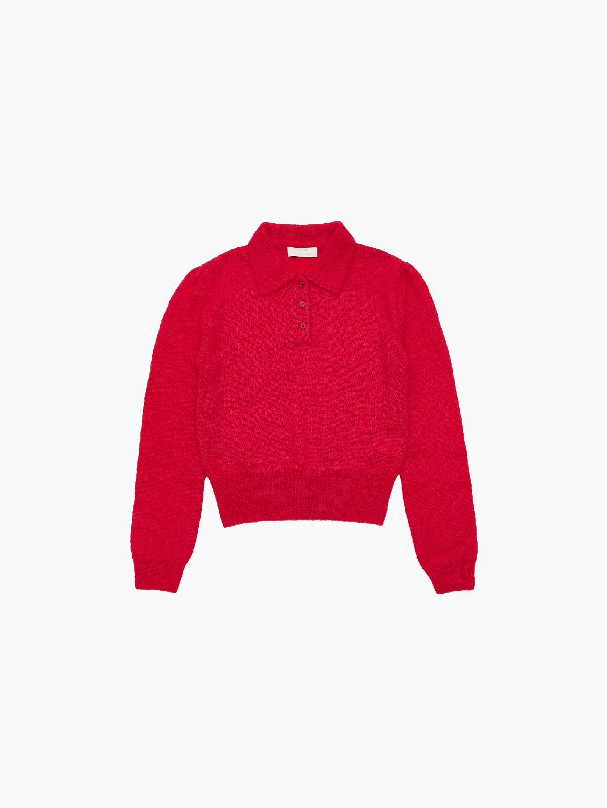 The Amomento Mohair Collar Knit Red is a vibrant red, long-sleeved cardigan featuring a 3-button closure. It has a plain, simple design with ribbed cuffs and waistband, and its visible knit texture adds a lightweight and cozy look. The background is plain white.