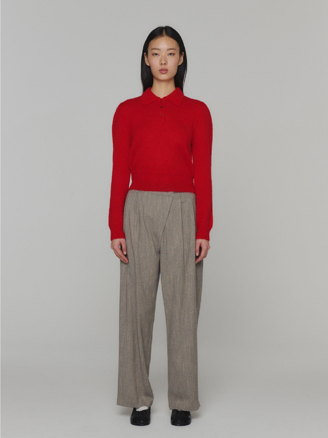 The Amomento Mohair Collar Knit Red is a vibrant red, long-sleeved cardigan featuring a 3-button closure. It has a plain, simple design with ribbed cuffs and waistband, and its visible knit texture adds a lightweight and cozy look. The background is plain white.