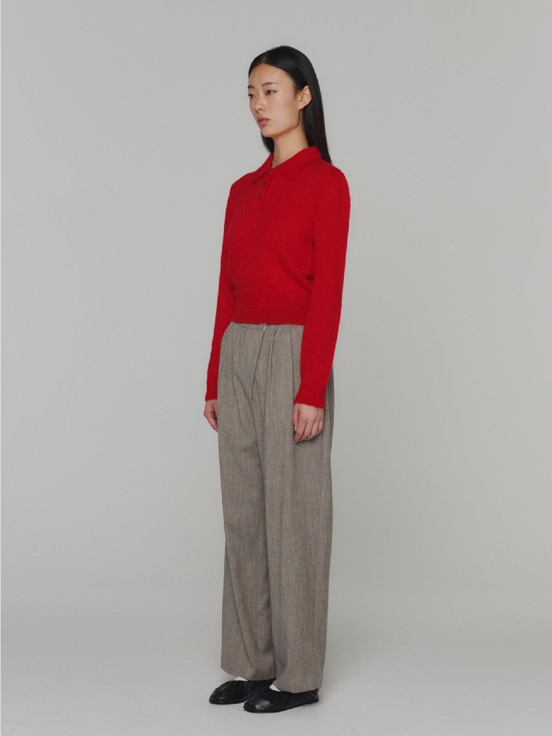 The Amomento Mohair Collar Knit Red is a vibrant red, long-sleeved cardigan featuring a 3-button closure. It has a plain, simple design with ribbed cuffs and waistband, and its visible knit texture adds a lightweight and cozy look. The background is plain white.