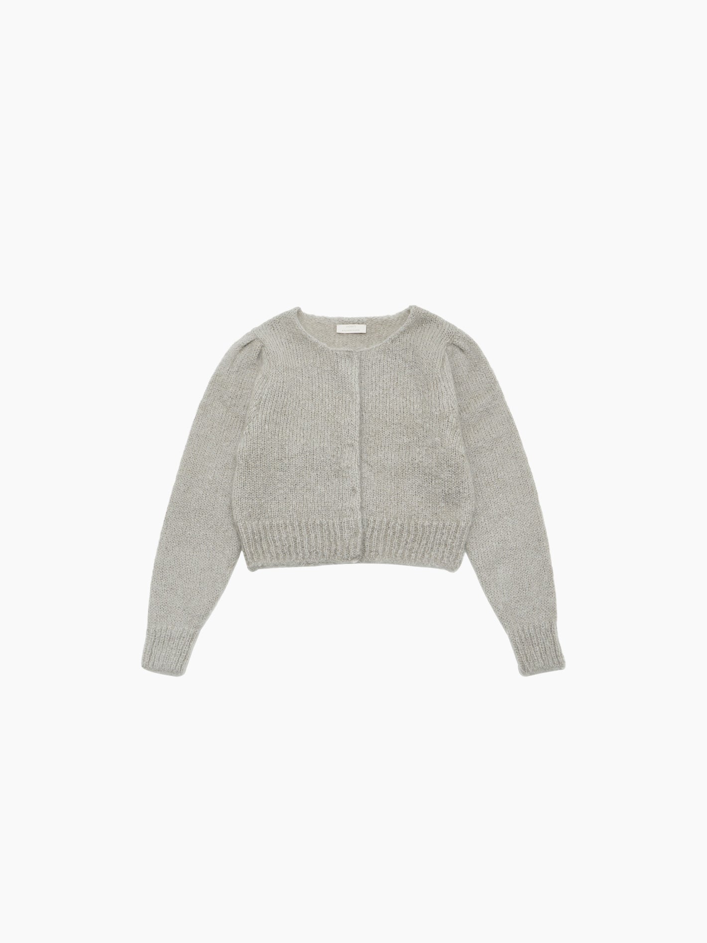 A product called the New Grandma Cardigan Light Grey by Amomento is showcased, featuring a light gray, vintage-style cropped mohair design with long sleeves and front buttons, set against a plain white background.