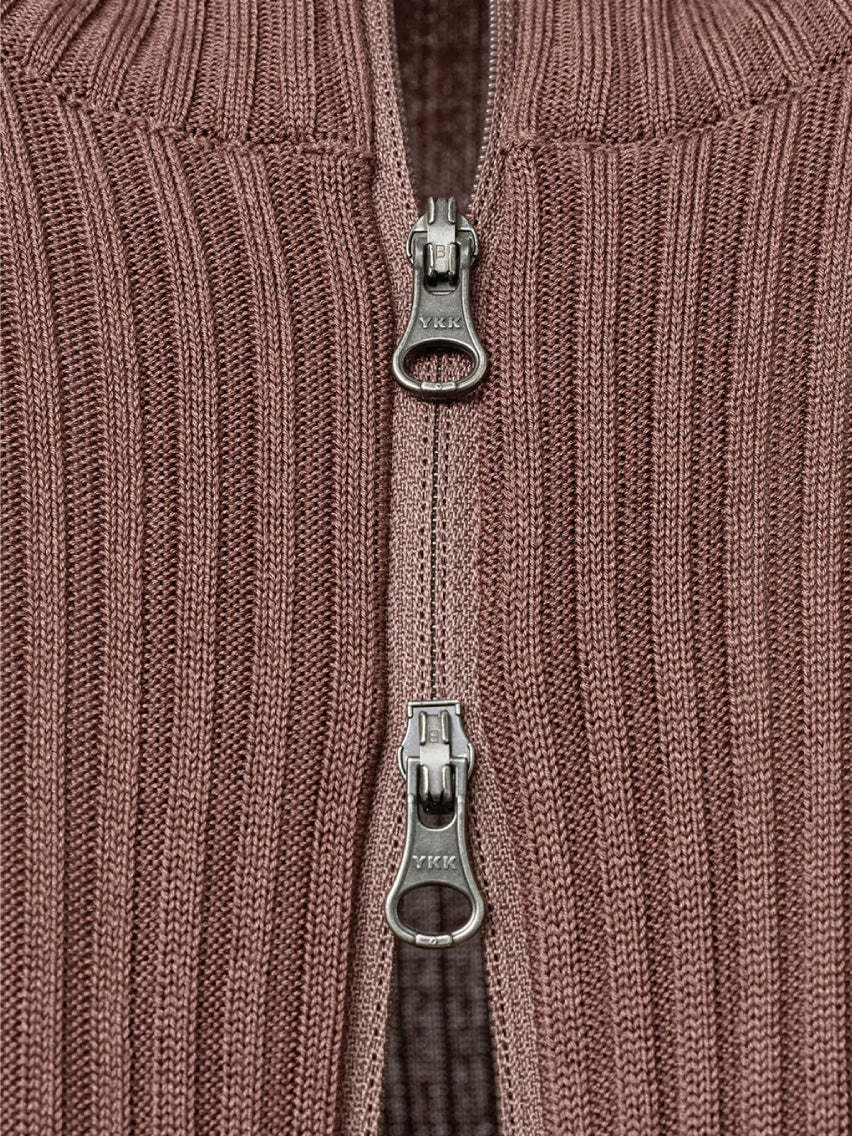 Ribbed Mock Neck Cardigan Brown