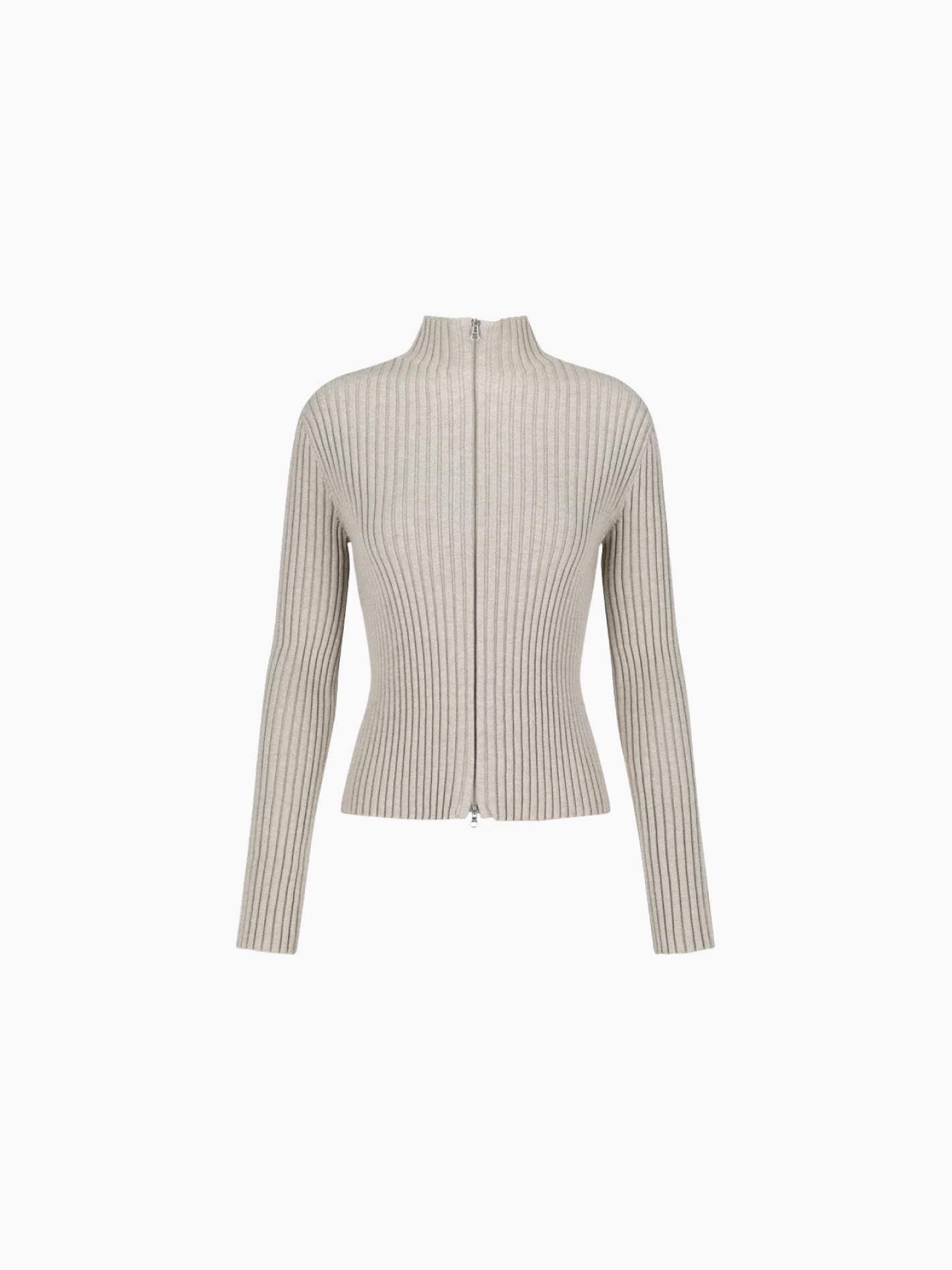 Ribbed High Neck Zip Up Beige