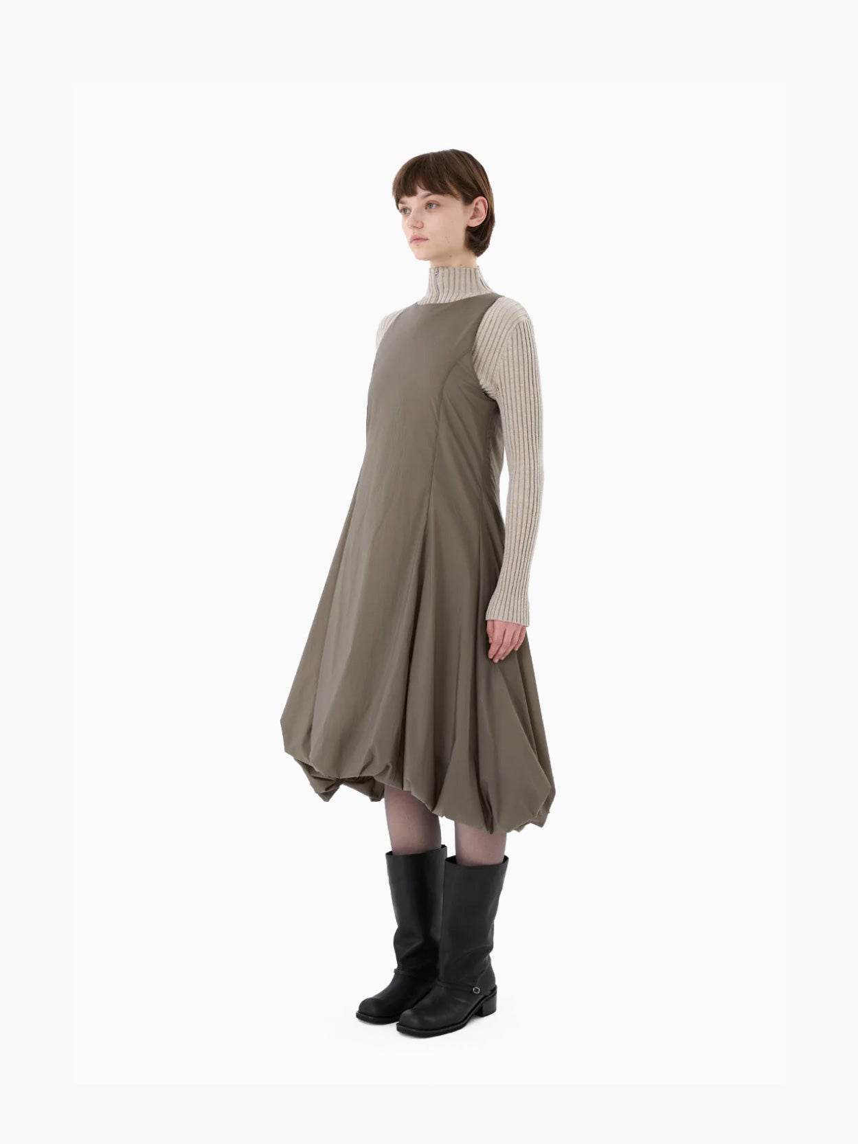 Ribbed High Neck Zip Up Beige