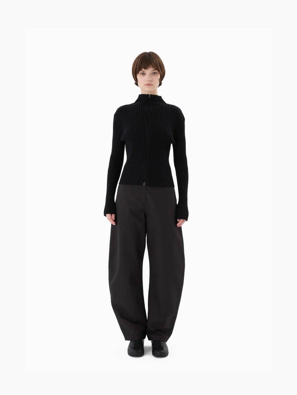 Ribbed High Neck Zip Up Black