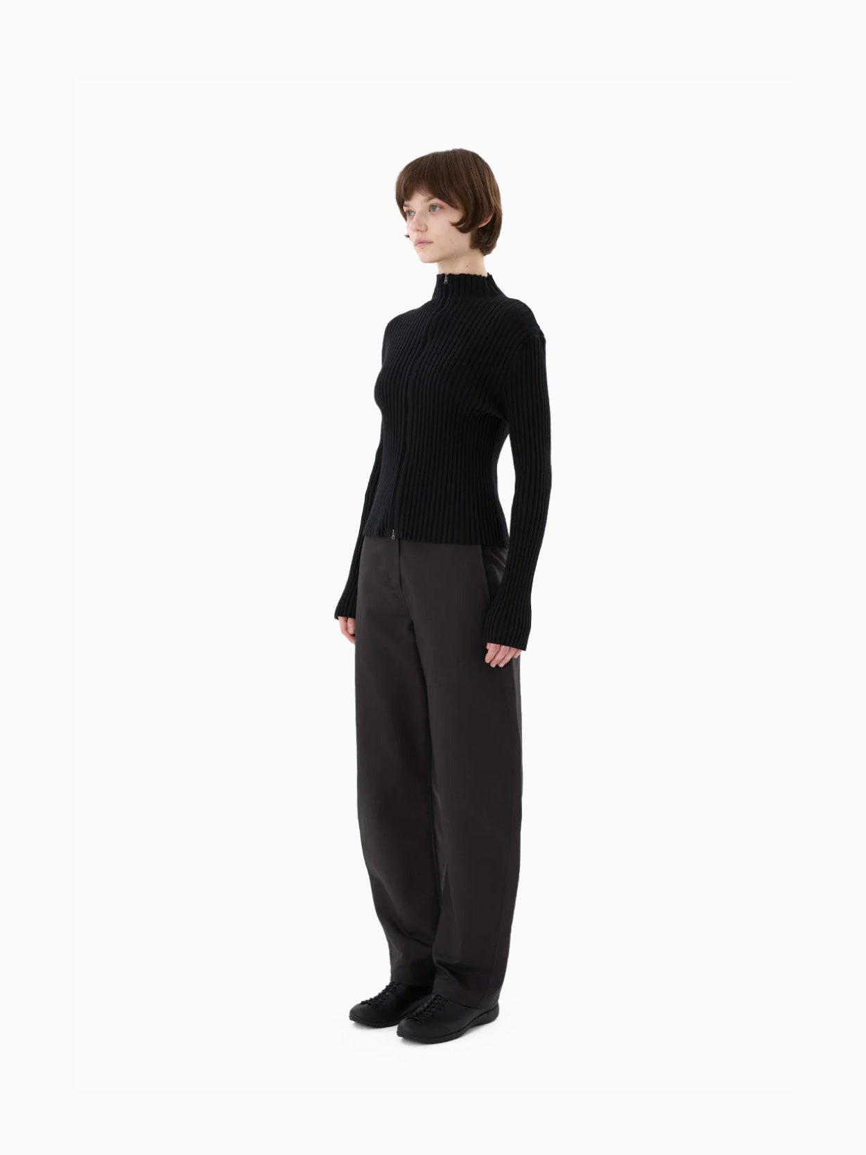 Ribbed High Neck Zip Up Black