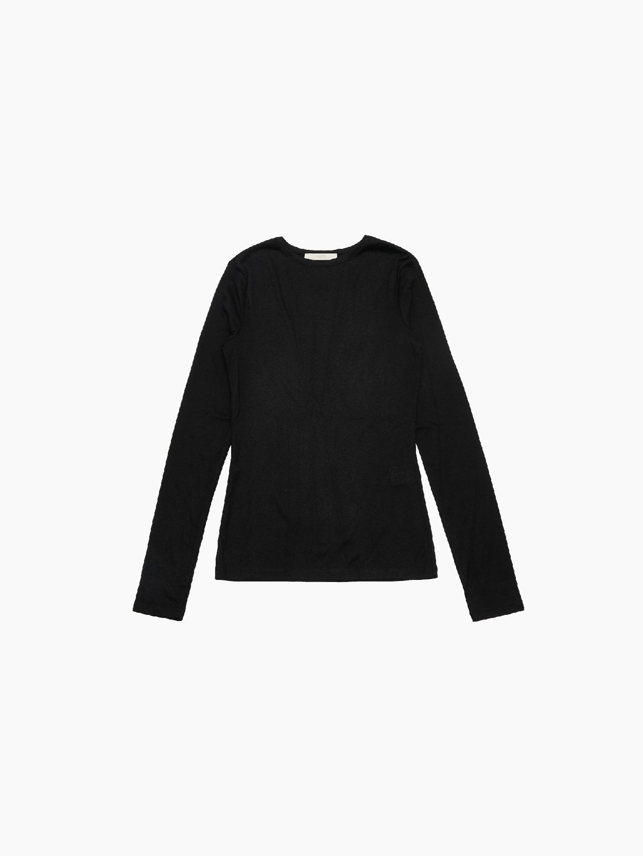 A plain, long-sleeved Round T-Shirt Black from Amomento is displayed against a white background. Crafted from wool tencel, the shirt features a round neckline and a simple, fitted design without any visible logos or patterns. This versatile top effortlessly combines comfort and style.