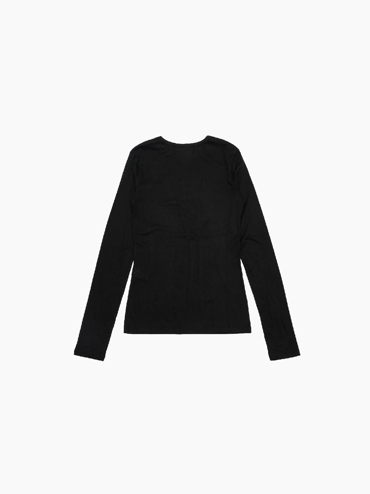 A plain, long-sleeved Round T-Shirt Black from Amomento is displayed against a white background. Crafted from wool tencel, the shirt features a round neckline and a simple, fitted design without any visible logos or patterns. This versatile top effortlessly combines comfort and style.