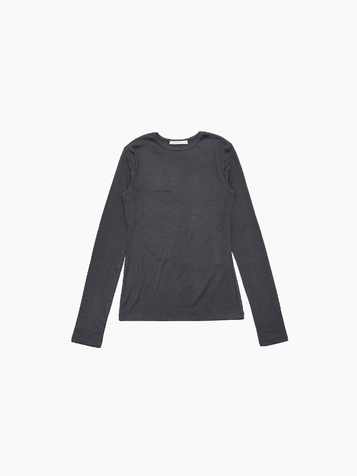 The "Round T-Shirt Charcoal" by Amomento is showcased against a plain white background. This dark gray, long-sleeve t-shirt made from wool tencel features a round neckline and a simple, minimalist design with no visible logos or patterns, making it a versatile addition to any wardrobe.