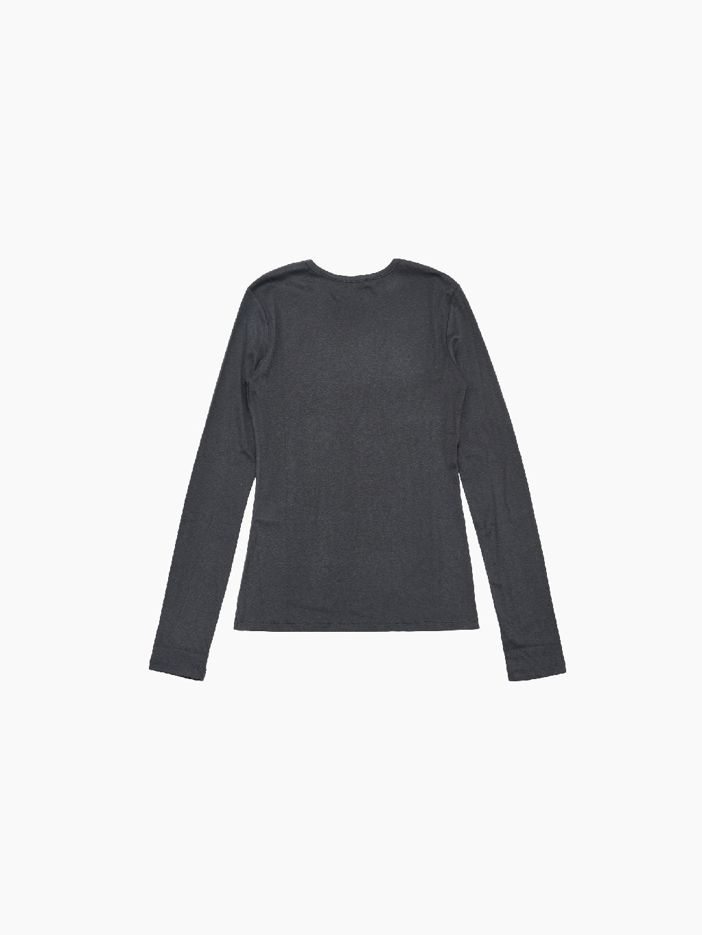 The "Round T-Shirt Charcoal" by Amomento is showcased against a plain white background. This dark gray, long-sleeve t-shirt made from wool tencel features a round neckline and a simple, minimalist design with no visible logos or patterns, making it a versatile addition to any wardrobe.