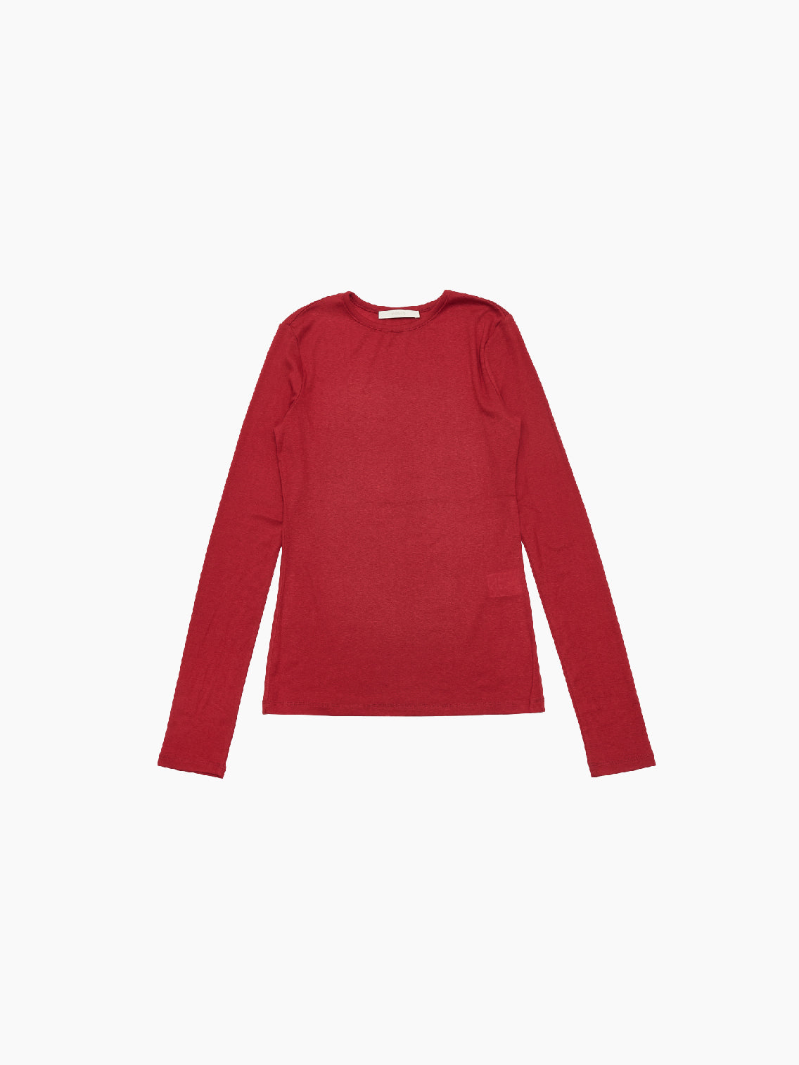 A plain, long-sleeved Round T-Shirt Red by Amomento, crafted from wool tencel, is displayed against a white background. The versatile top features a round neckline and appears to be made of a lightweight material, perfect for comfortable wear.