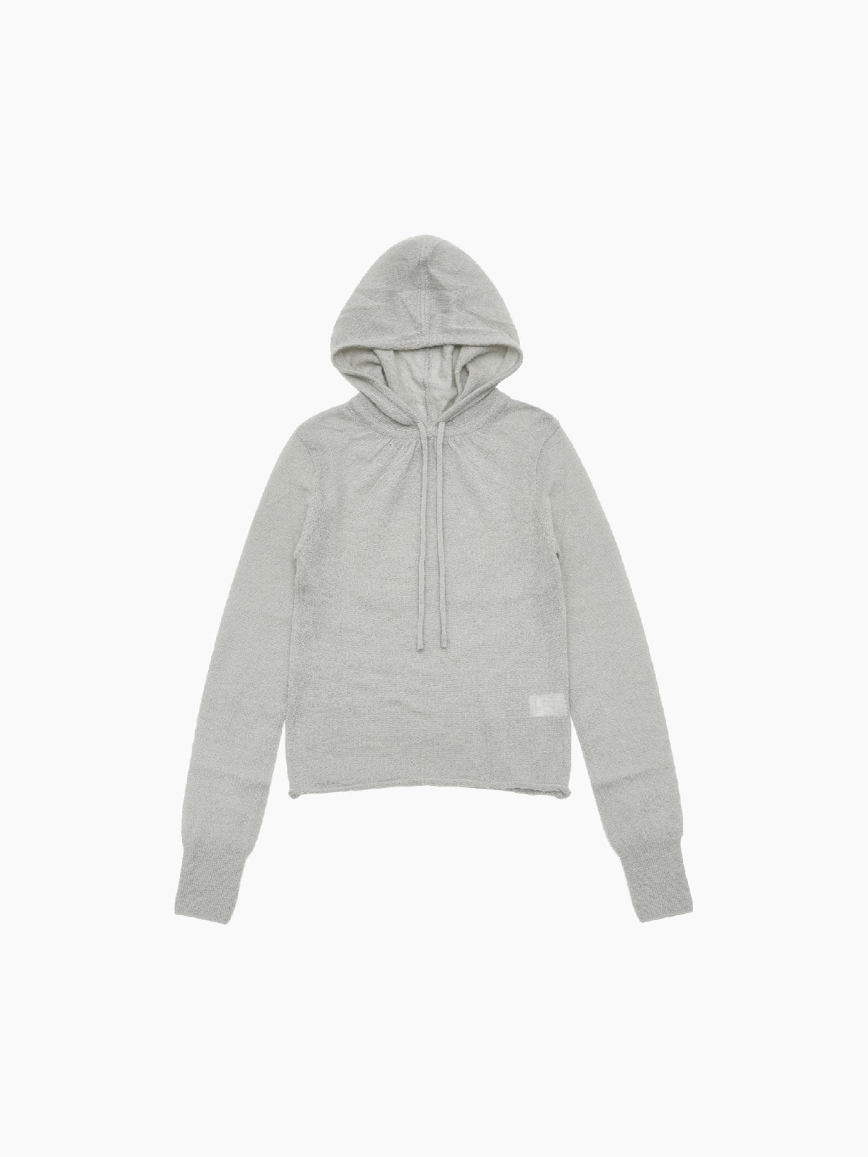 The Sheer Hooded Knit Light Grey by Amomento is a light grey, long-sleeved hooded sweatshirt featuring a wool-blended drawstring hood, ribbed waistband and cuffs, and a small white tag near the bottom hem on one side. The hoodie is laid flat against a plain white background.