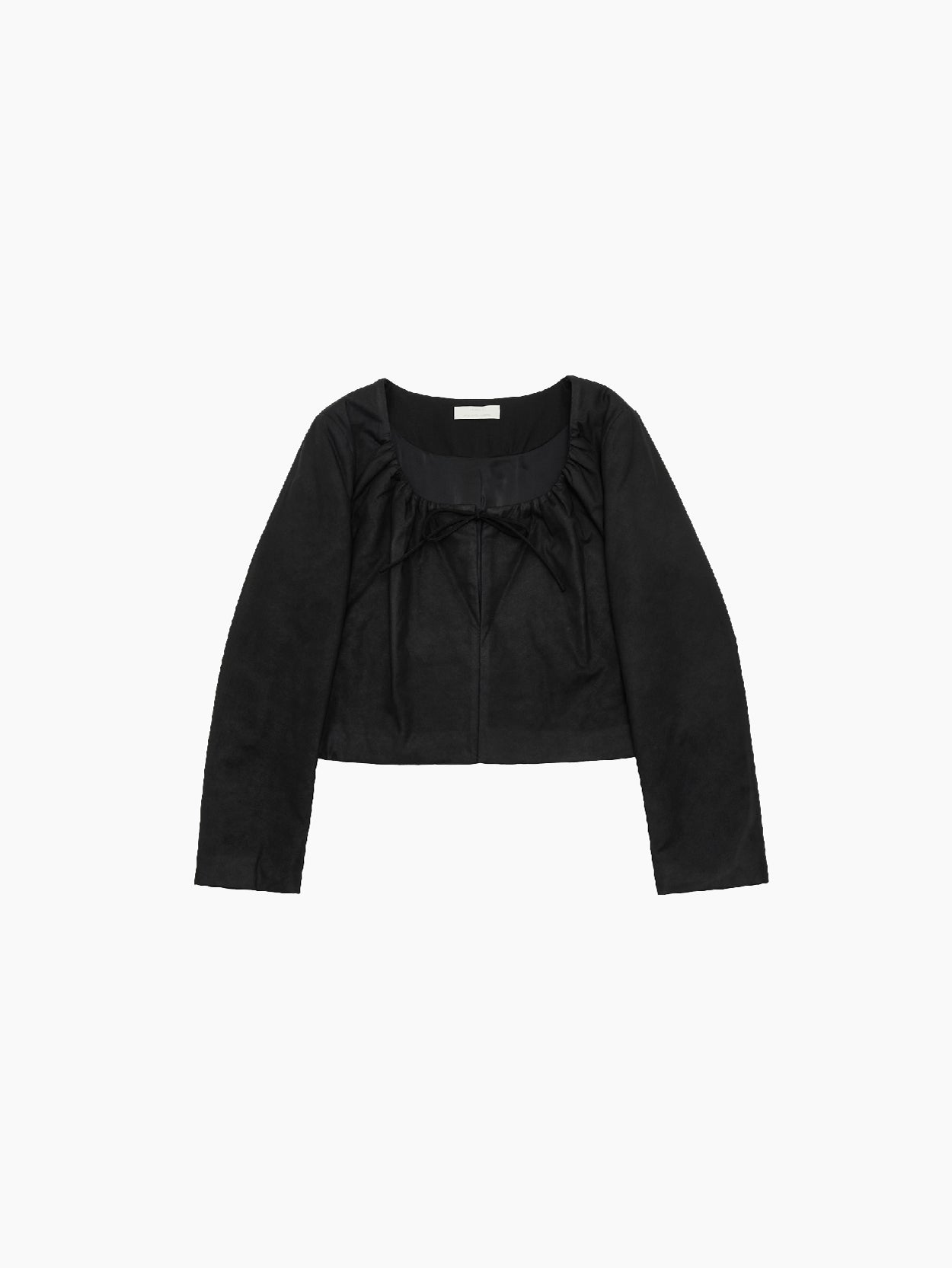 A "Sheer Padded Cropped Jacket Black" by Amomento displayed on a white background. The jacket, with its black color and long sleeves, boasts an adjustable square neckline, natural shirring near the chest area, and a subtle bow detail at the front. Its minimalistic design is both elegant and contemporary.