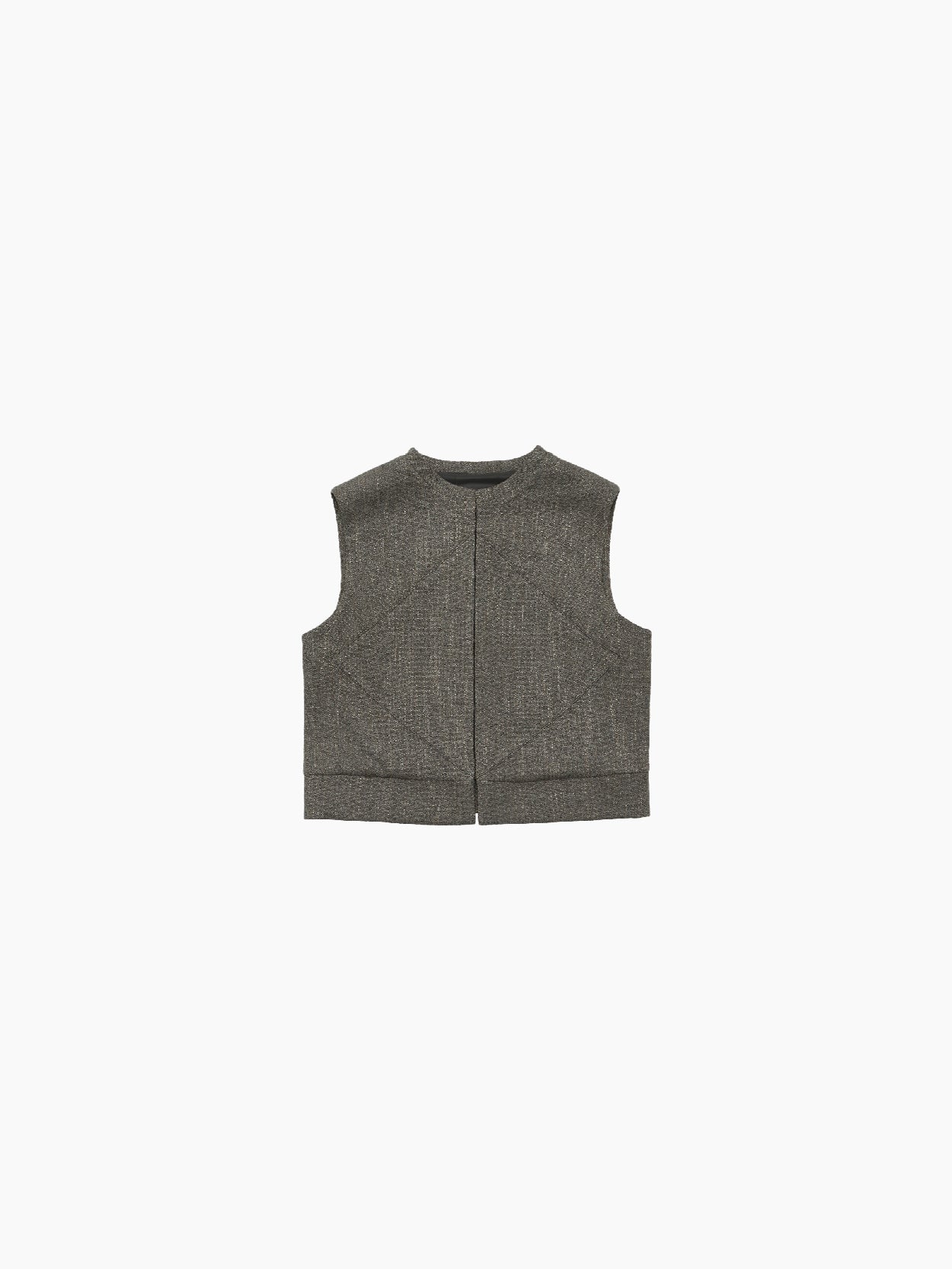 Introducing the Wool Tweed Motive Vest Charcoal by Amomento—a sleeveless tweed crop top in a sophisticated grey hue. This boxy-fit vest features a rounded neckline and a subtle asymmetrical front cut design, adding visual interest. Crafted from a luxurious wool blend, the stylish silhouette is enhanced by the textured material for a modern, refined look against a plain white backdrop.