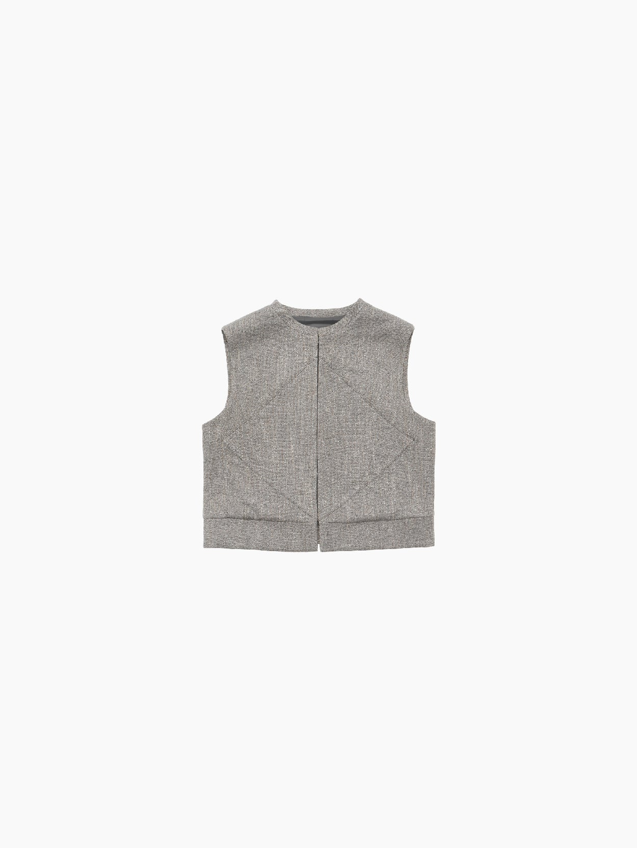 The Wool Tweed Motive Vest Grey by Amomento is a sleeveless, boxy, cropped vest made from a wool blend with a textured or woven appearance. It features subtle diamond-shaped stitch details and has a round neckline with no visible buttons or zippers on the front.