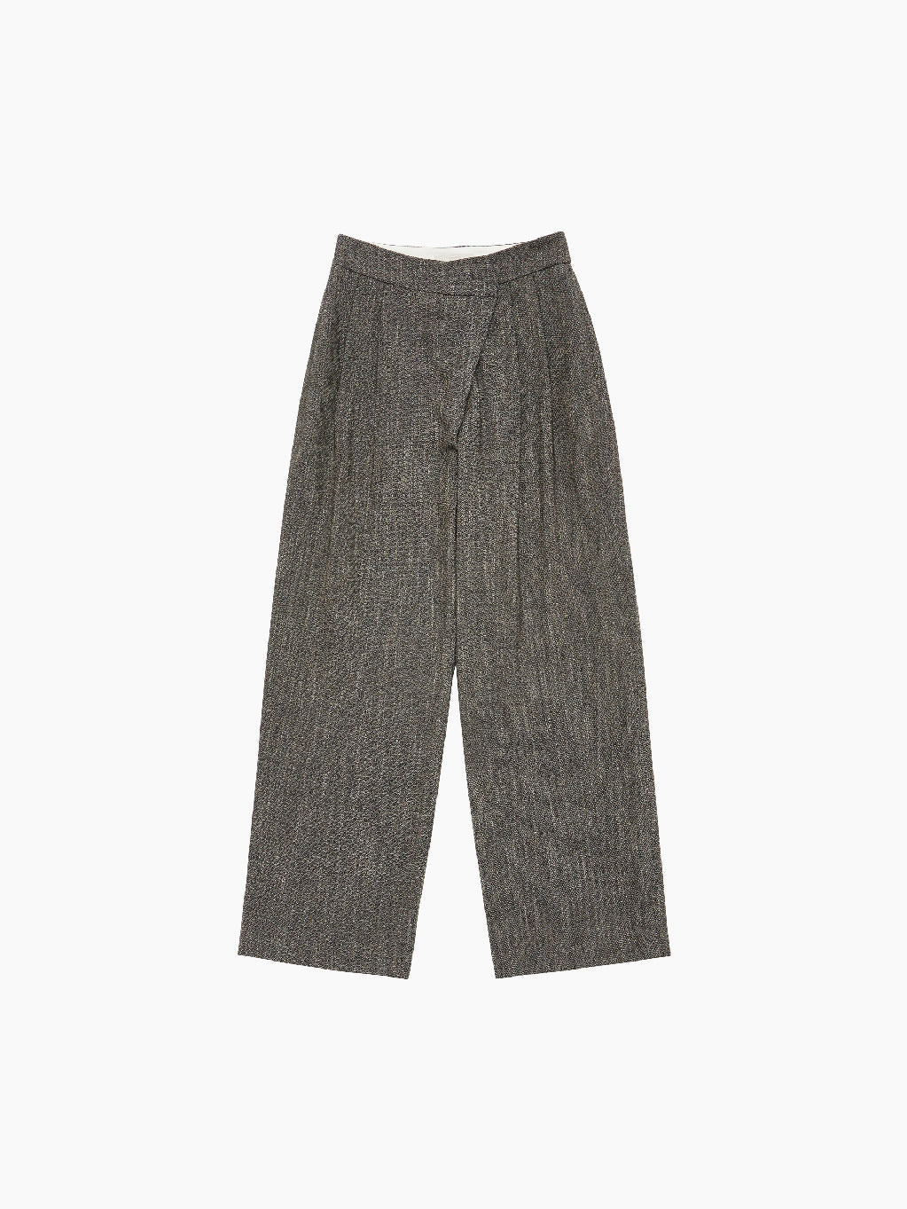 Amomento's Wool Tweed Wrap Pants in Charcoal feature a high-waisted wide-leg silhouette with a subtle herringbone pattern. These pants come with front pleats and practical pockets, crafted from wool-like fabric for a tailored and slightly textured appearance. With their simple, classic design, these pants offer a polished look.