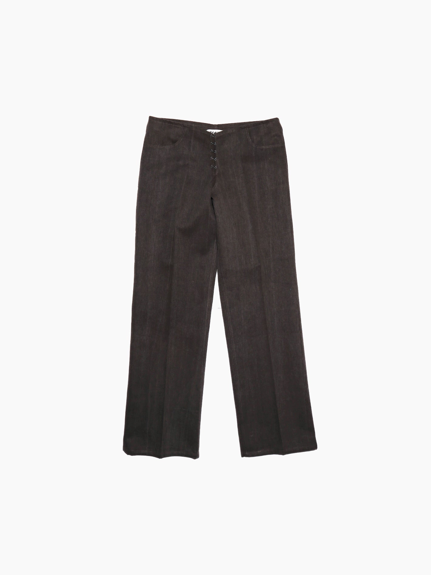 Aurembiaix's dark brown Denim Trousers feature a high waist and a subtle front zipper, offering a classic straight-leg silhouette with simple styling. Made of 100% cotton, these pants, shown laid flat against a white background, highlight their full length and timeless design accented by a hook and eye front fastening.