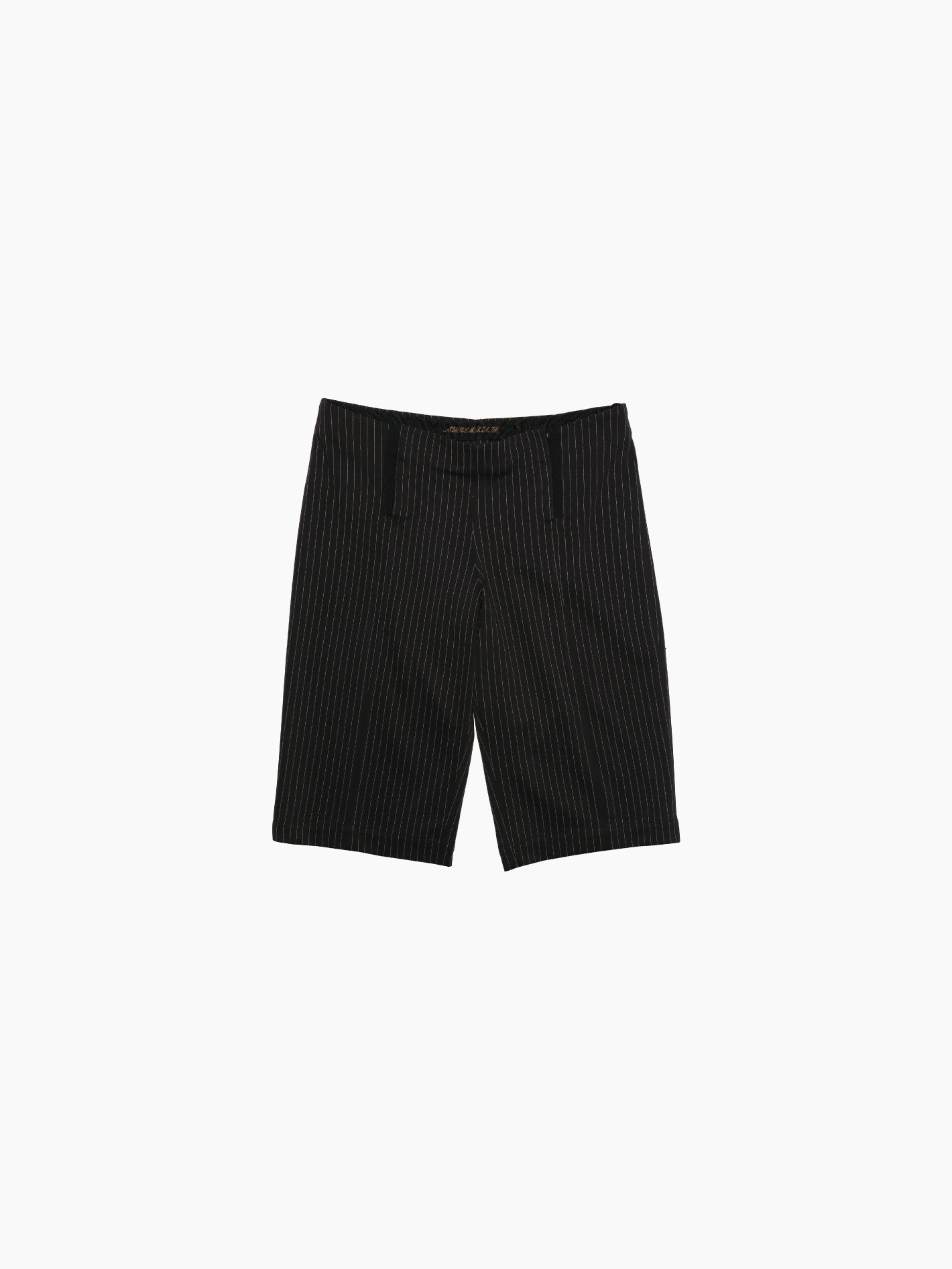 A pair of Aurembiaix Pinstripe Bermudas, crafted from soft cotton in a dark, pinstriped design. These shorts feature two small front pockets, belt loops, and tailored seams. The Pinstripe Bermudas are displayed against a plain white background.