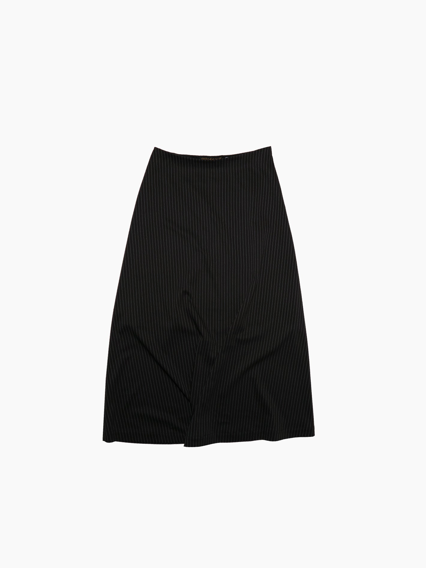 Aurembiaix's Pinstripe Walking Skirt, made in Spain, is a black cotton knee-length skirt with subtle vertical pinstripes and a hook and eye closure, displayed flat against a white background.