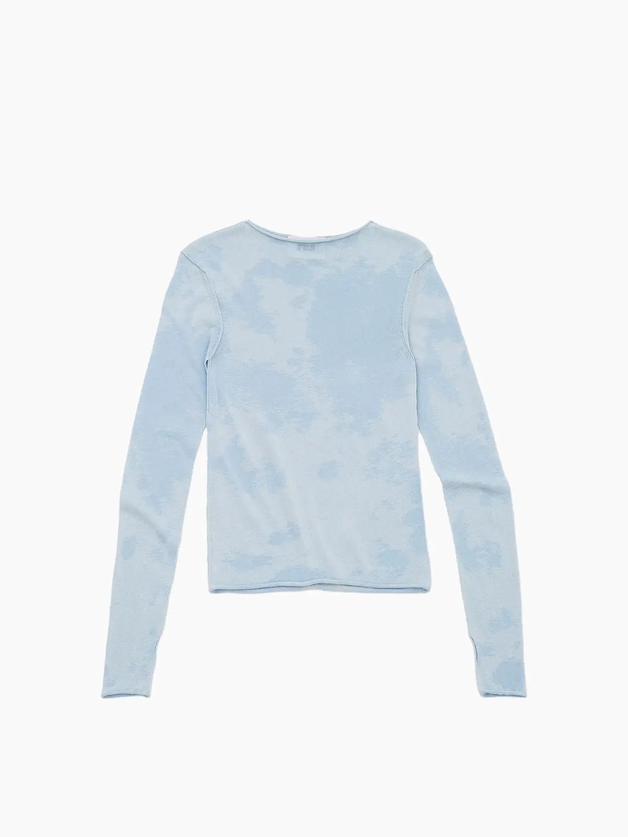 A light blue, long-sleeve Ai Sweater Blue from Rus is laid flat against a white background. The shirt appears to have a subtle, cloud-like pattern and features a crew neckline with a slim fit design, capturing the vibrant essence of Barcelona.
