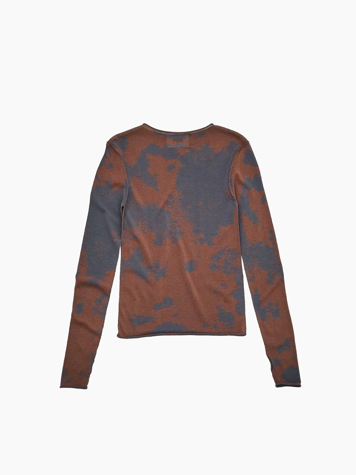 A long-sleeve shirt with a tie-dye pattern in brown and gray hues, displayed flat against a white background. The Ai Sweater Marengo by Rus, available at Bassalstore, has a round neckline and appears to be made of a soft, stretchy material.