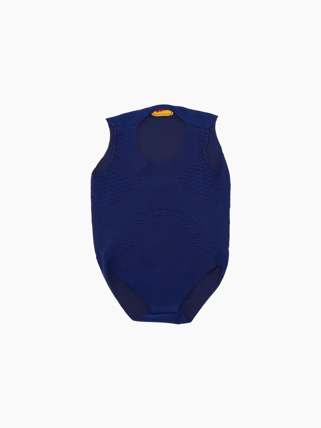 A sleeveless, navy blue bodysuit with a high neckline and textured fabric details on the torso and sides, available at Bassalstore in Barcelona. The Alet Body Navy by Bielo features a fitted design and a snap closure at the crotch.