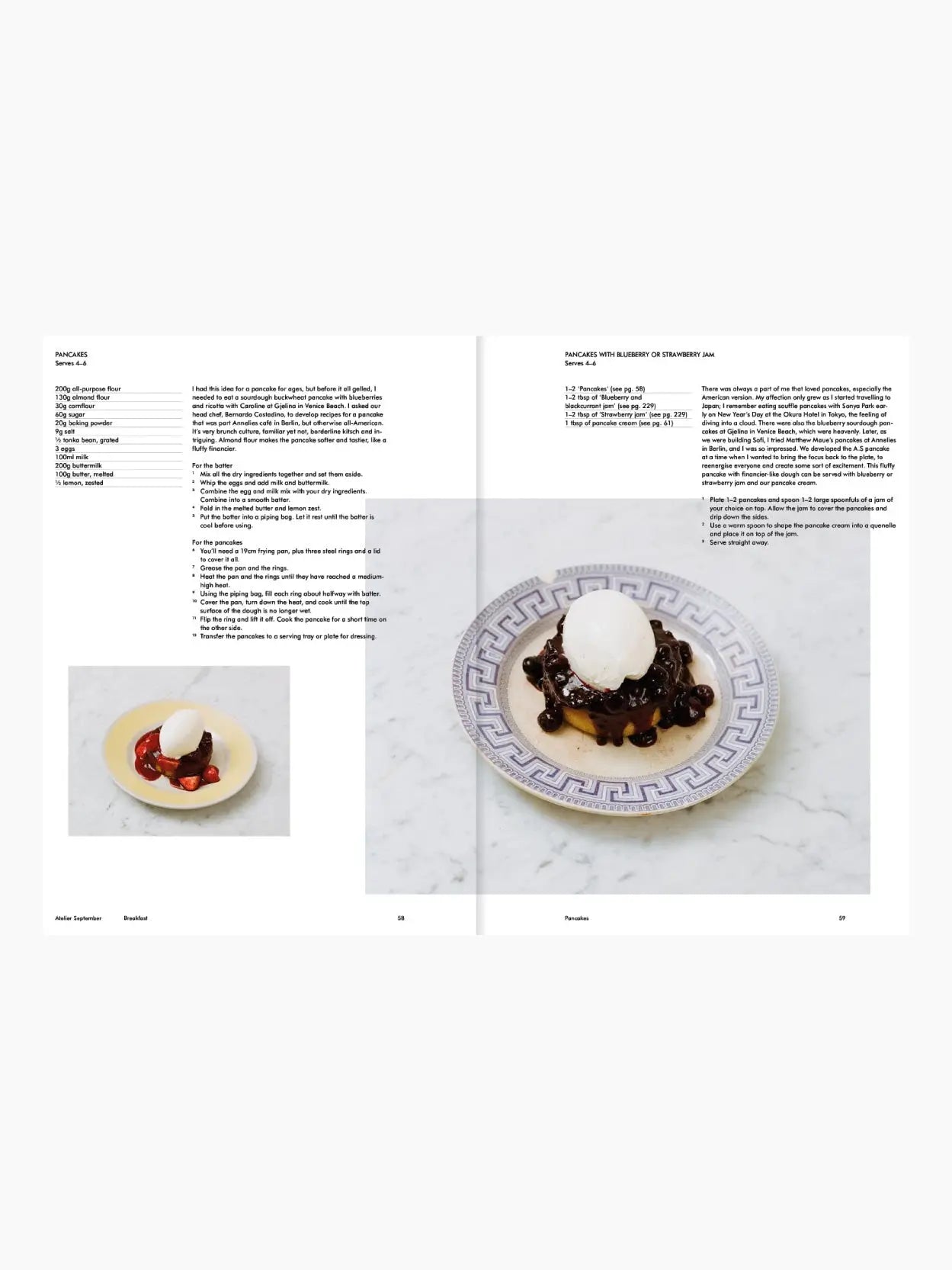 The image shows the cover of a book titled "Atelier September: A place for daytime cooking" by Frederik Bille Brahe, available at Bassalstore. The cover features a tall, artistic arrangement of white meringue on a plate set against a light gray background. The book is published by Apartamento in Barcelona.