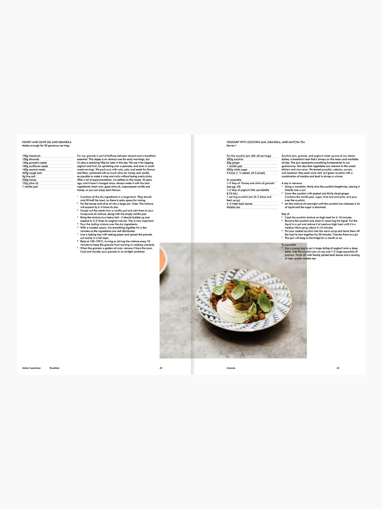 The image shows the cover of a book titled "Atelier September: A place for daytime cooking" by Frederik Bille Brahe, available at Bassalstore. The cover features a tall, artistic arrangement of white meringue on a plate set against a light gray background. The book is published by Apartamento in Barcelona.