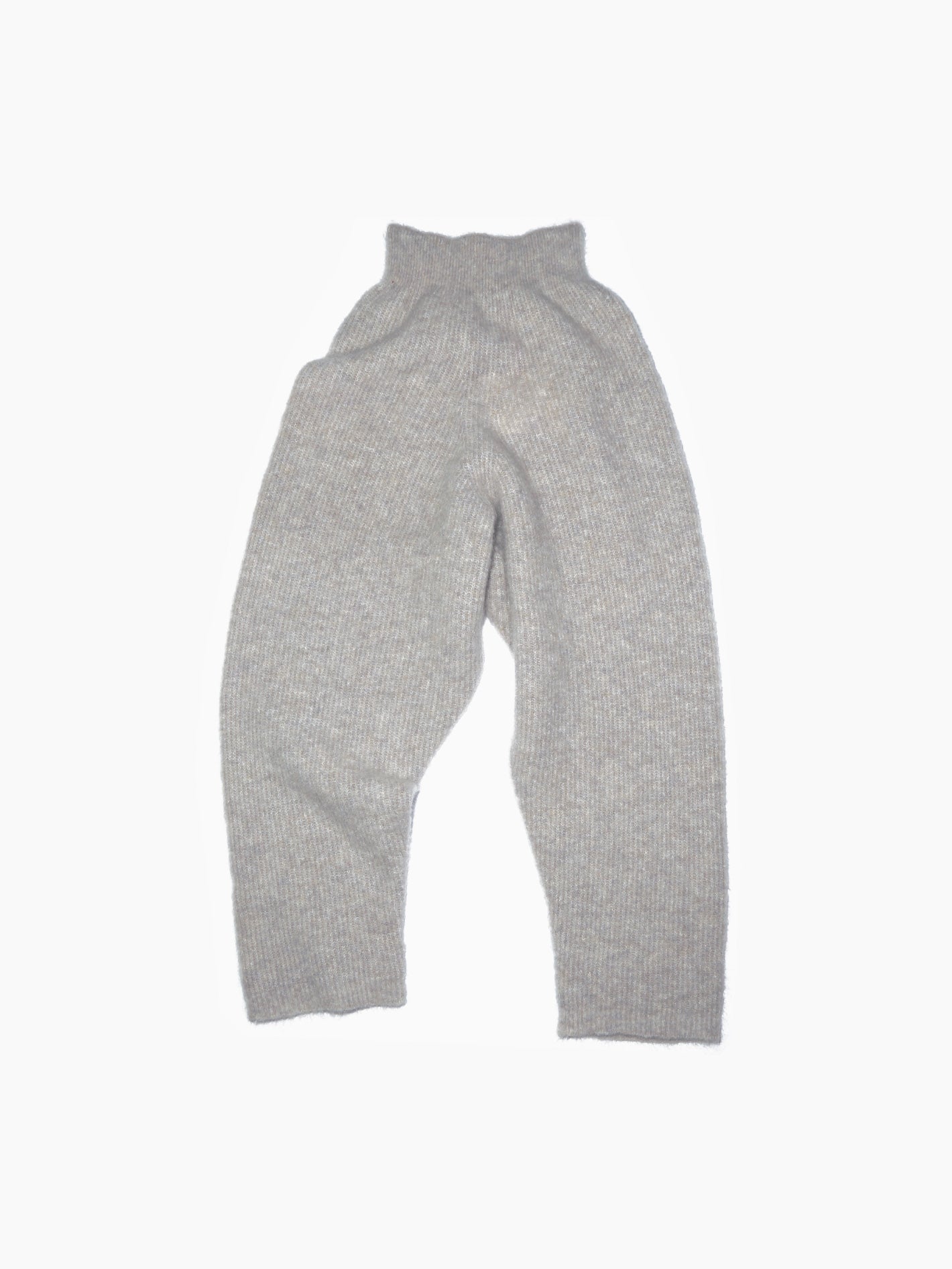 The Brais Trousers Brown by Bielo, made from extrafine merino wool, are displayed laid flat on a white background. These gray woolen knitted pants feature a high waist and a ribbed texture, offering a slightly wide fit that enhances their cozy appearance.