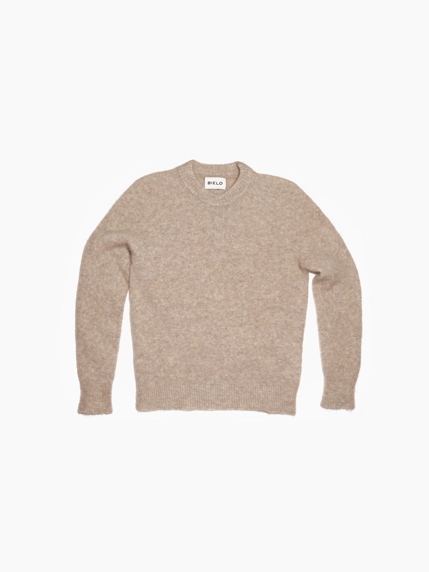 A brown Mael Sweater by Bielo, crafted from extrafine merino wool with long sleeves and a round collar, laid flat against a white background.