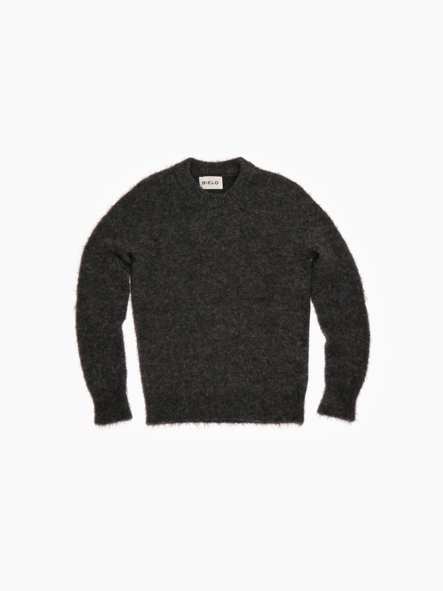 The Mael Sweater Grey by Bielo, featuring a dark gray color with long sleeves and a round collar, is crafted from extrafine merino wool and has a fuzzy texture. It's laid flat on a white background with the tag inside the collar reading "BRIXO.