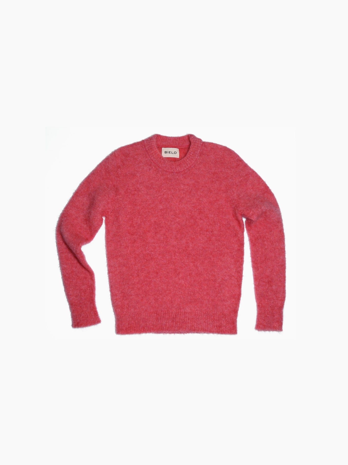 The Mael Sweater Pink by Bielo is a soft, round-collar sweater made from extrafine merino wool, featuring long sleeves and showcased against a plain white background.