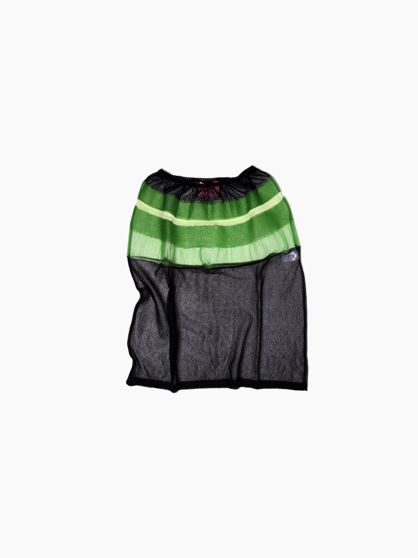 A sheer mesh top with bold green stripes across the upper section lies flat on a white background. Pair it with the Spencer Skirt Black from Bielo for an elegant ensemble. Made in Spain, this piece embodies European craftsmanship and style.