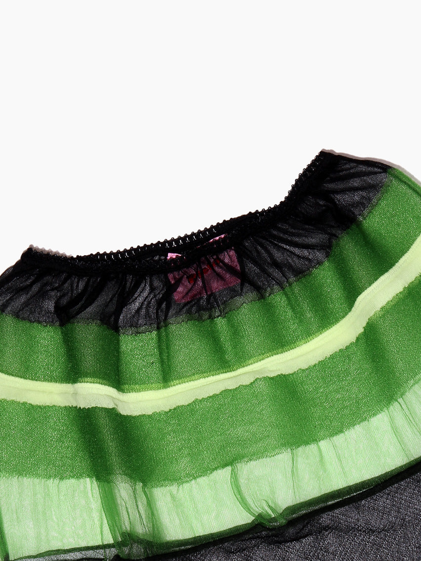 A sheer mesh top with bold green stripes across the upper section lies flat on a white background. Pair it with the Spencer Skirt Black from Bielo for an elegant ensemble. Made in Spain, this piece embodies European craftsmanship and style.