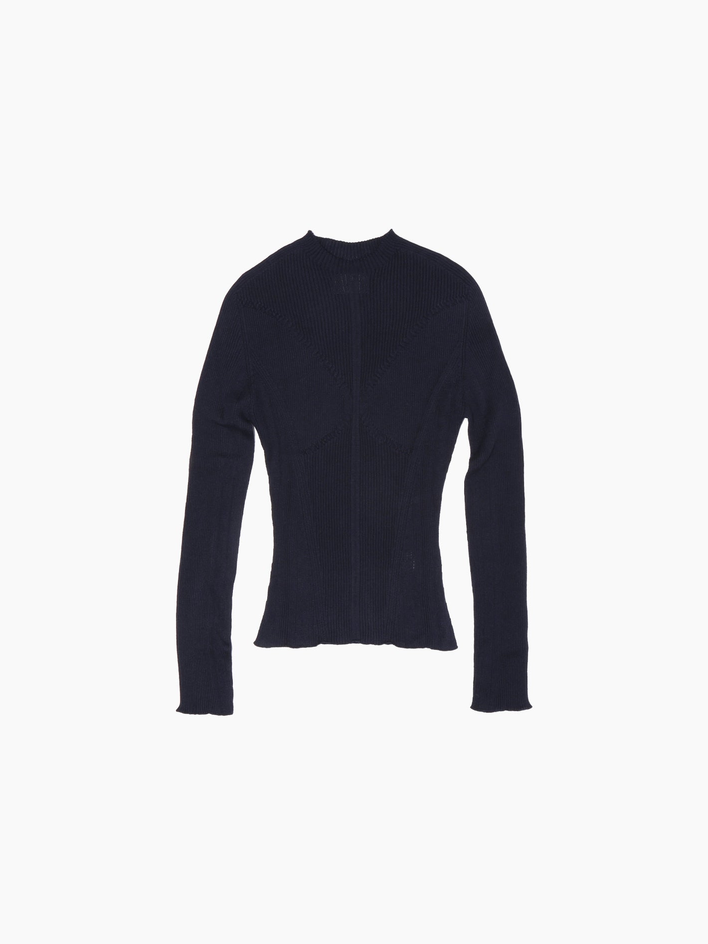 Displayed on a plain white background is the "Tisa Sweater Navy" from Bielo, a luxurious long-sleeve knit crafted with silk fibers. It features a fitted silhouette with visible ribbed details and a slightly scalloped hem, offering a second skin knitted design.