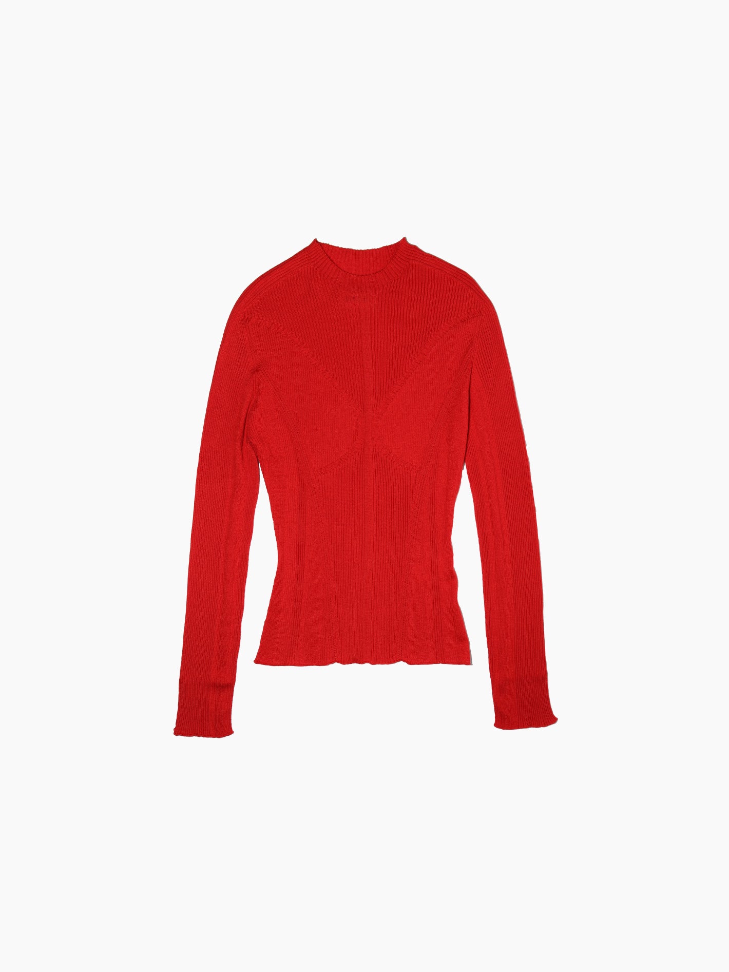 The Tisa Sweater Red by Bielo is showcased against a white background, highlighting its vibrant red hue. This cashmere sweater, crafted in Spain, boasts a fitted design with a ribbed texture and a crew neckline, expertly merging style and quality.