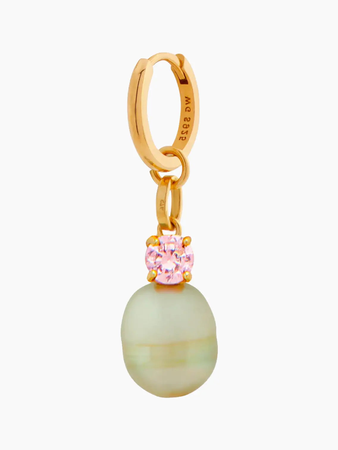 A gold hoop earring from Wilhelmina Garcia, called the Bailarina Hoop Earring, features a hanging light green pearl and a small pink gemstone above it. The earring has an inscription "925" on the inner side of the hoop. The background is white.