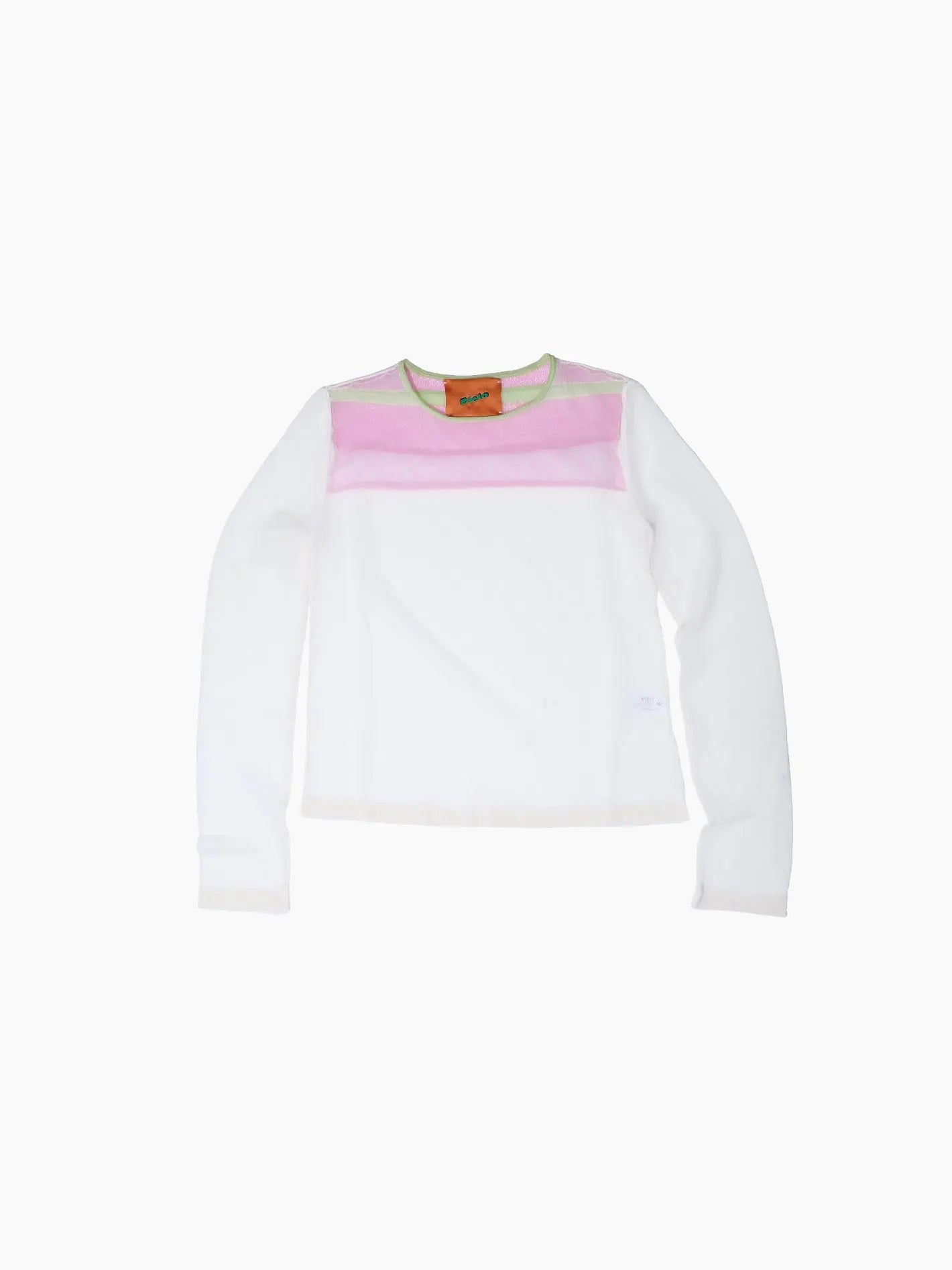 A long-sleeve, white, semi-sheer top with pink and light green accents around the neckline and chest area. The neckline features a small orange label with black text. This minimalist design exudes casual style—perfect for a day out in Barcelona or browsing your favorite store. The Bari Sweater Ecru by Bielo is an ideal choice for such versatile occasions.