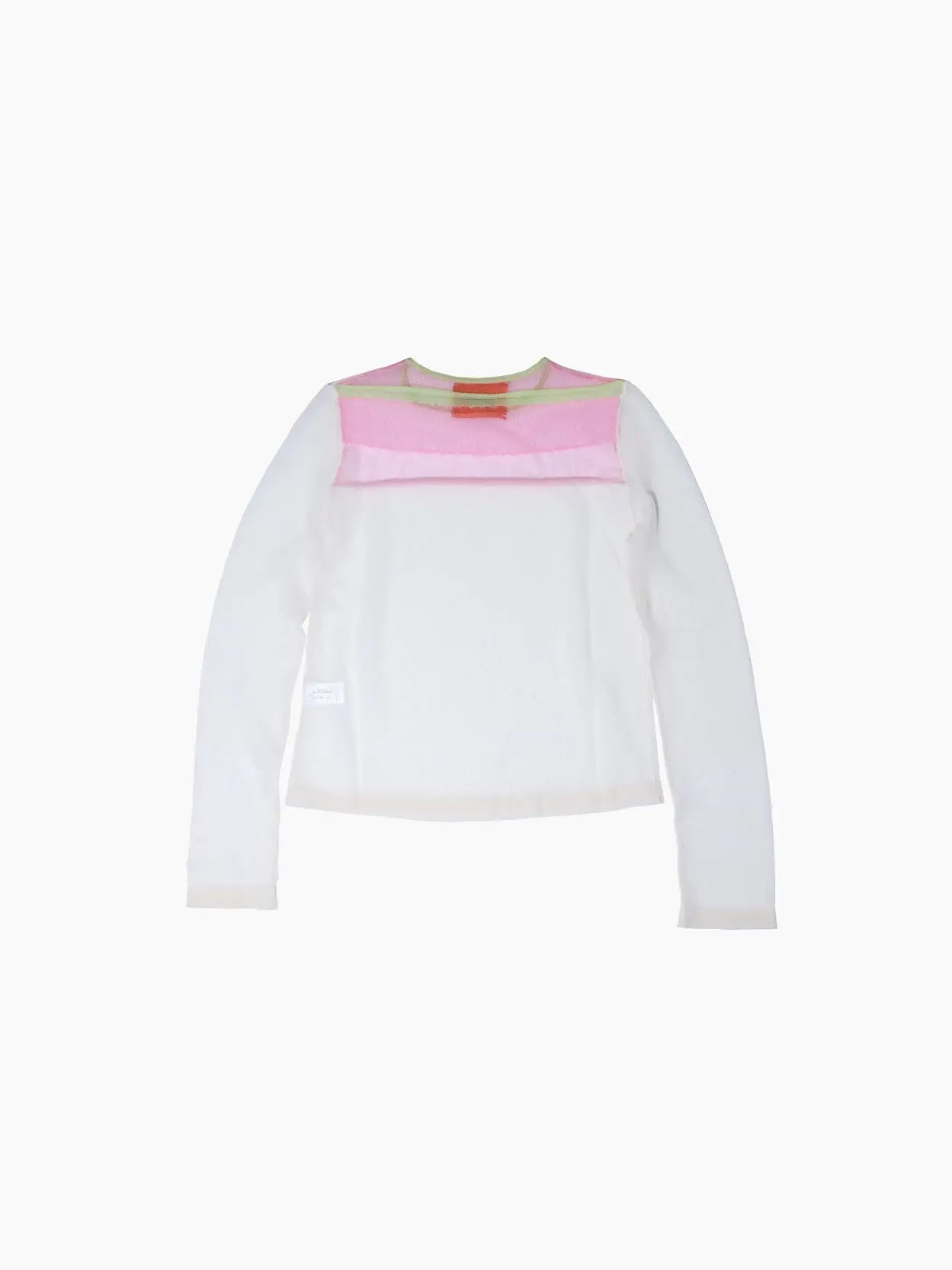 A long-sleeve, white, semi-sheer top with pink and light green accents around the neckline and chest area. The neckline features a small orange label with black text. This minimalist design exudes casual style—perfect for a day out in Barcelona or browsing your favorite store. The Bari Sweater Ecru by Bielo is an ideal choice for such versatile occasions.