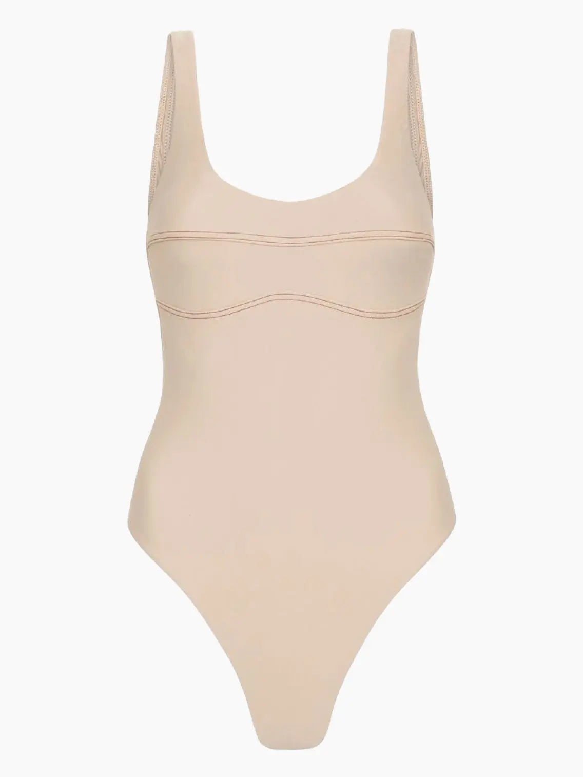 A Beige Contrast One Piece Swimwear with a scoop neckline and wide shoulder straps. The swimsuit features subtle seam detailing under the bust, creating a flattering silhouette. The fabric appears smooth and stretchy, designed for a snug fit. Now available at Bassal Store in Barcelona!